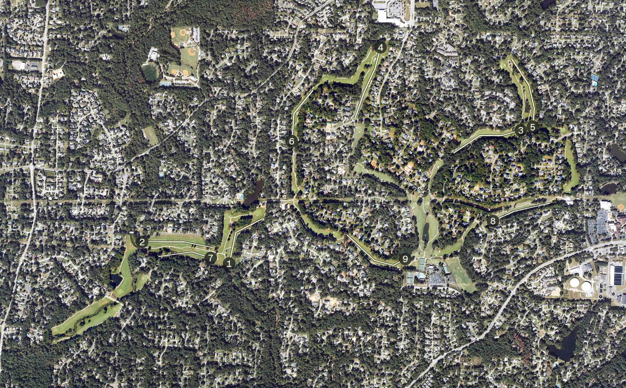 Aerial view of Indian Hills Country Club Golf Course, GA, with its hole routing marked
