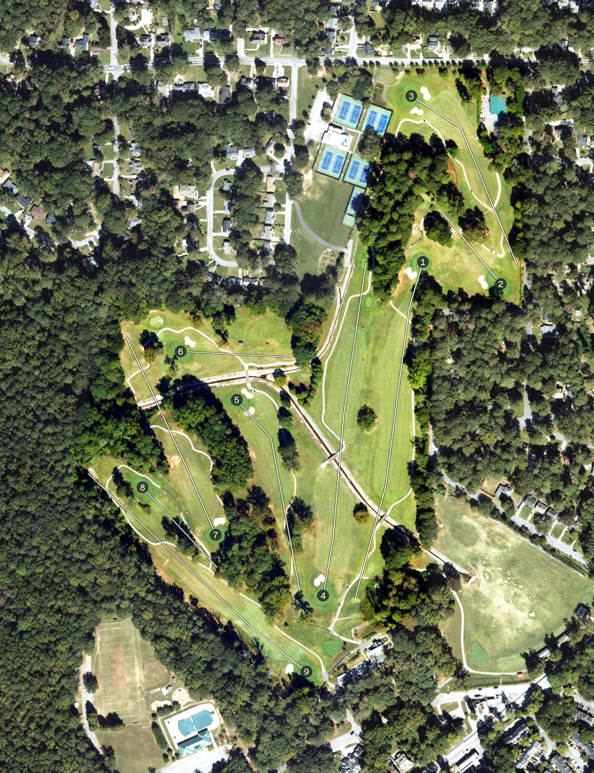 Aerial view of John A. White Golf Course, GA, with its hole routing marked