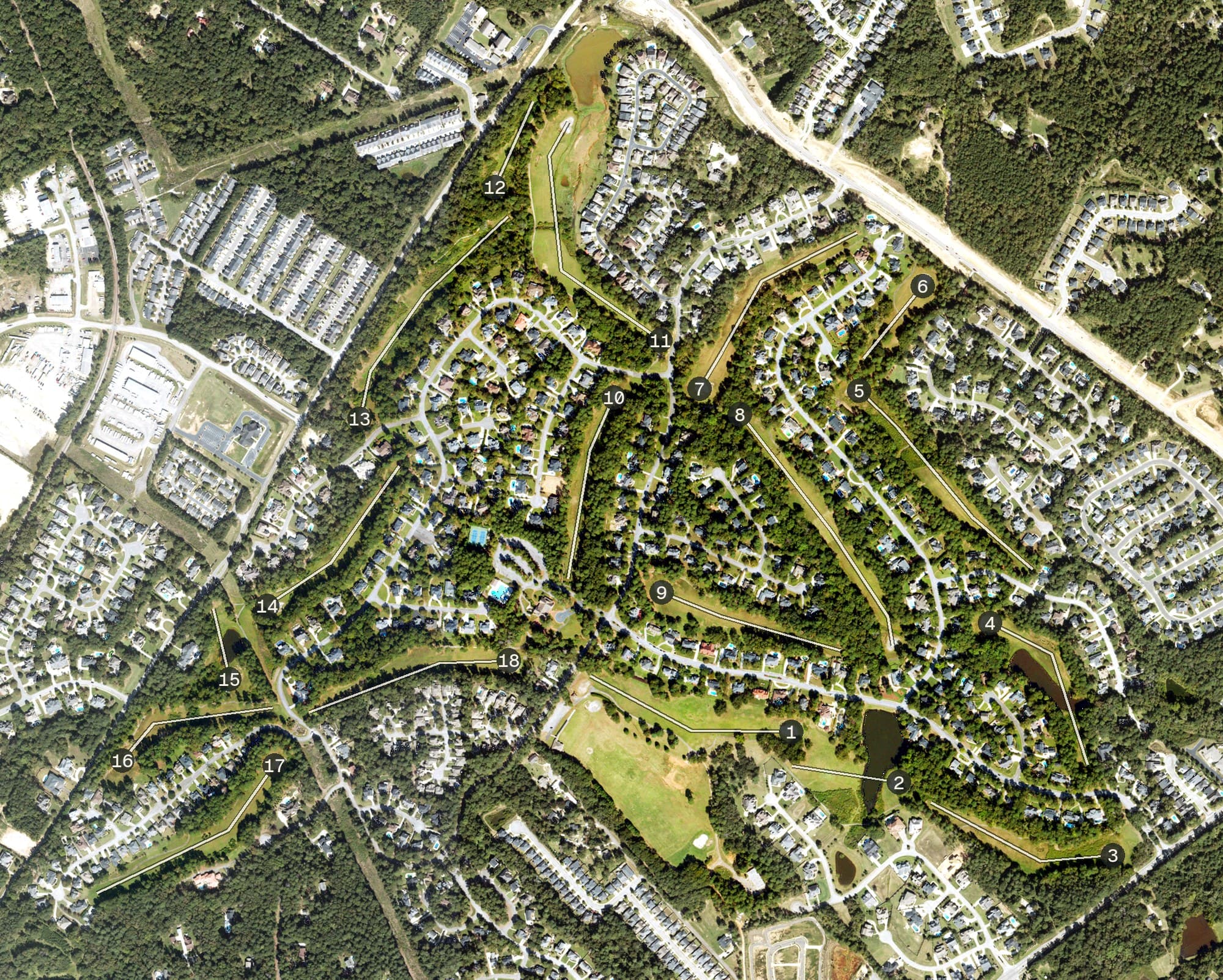 Aerial view of Jones Creek Golf Club, GA, with its hole routing marked