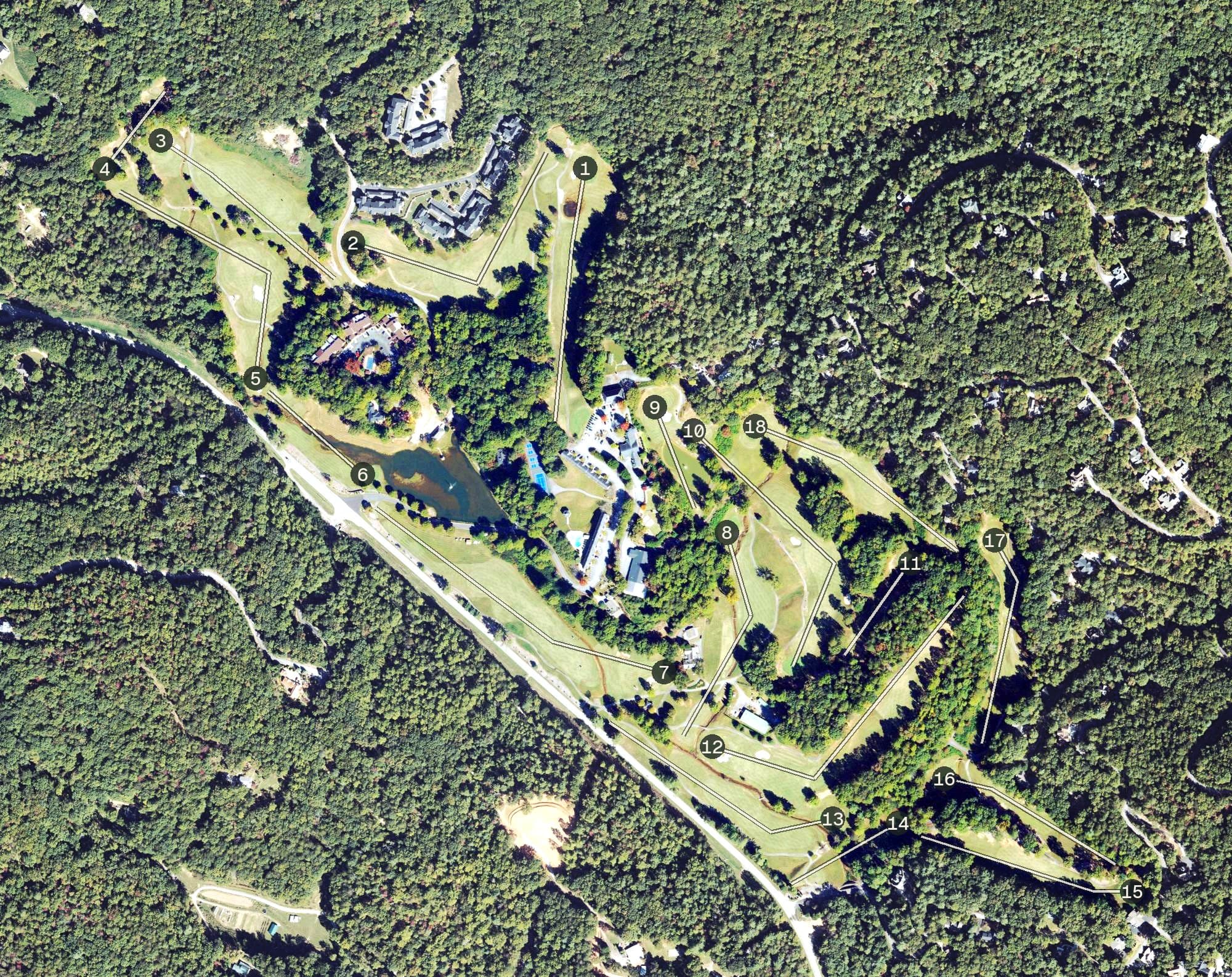 Aerial view of Kingwood Country Club, GA, with its hole routing marked