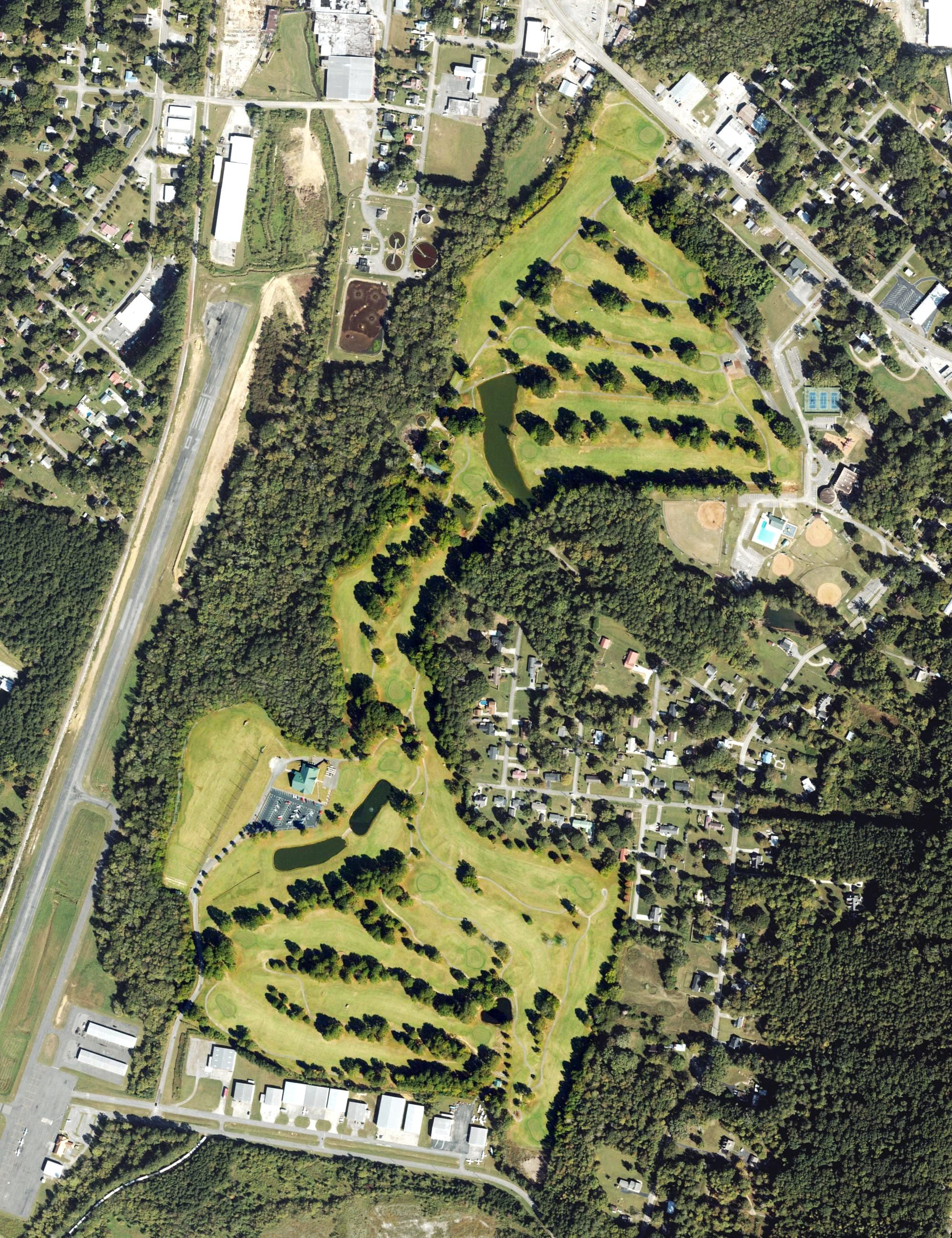 Aerial view of LaFayette Golf Course, GA, with its hole routing marked
