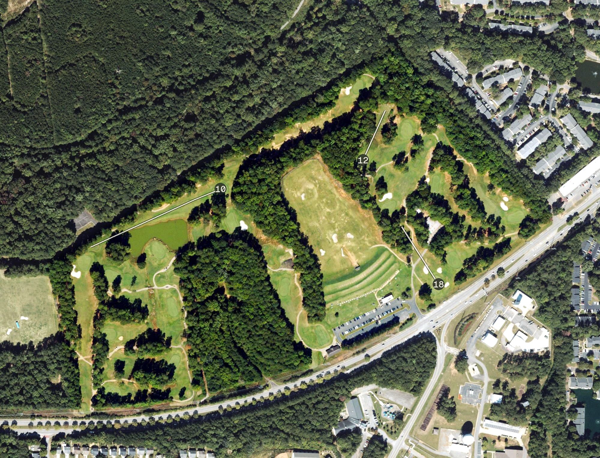 Aerial view of Legacy Golf Links, GA, with its hole routing marked