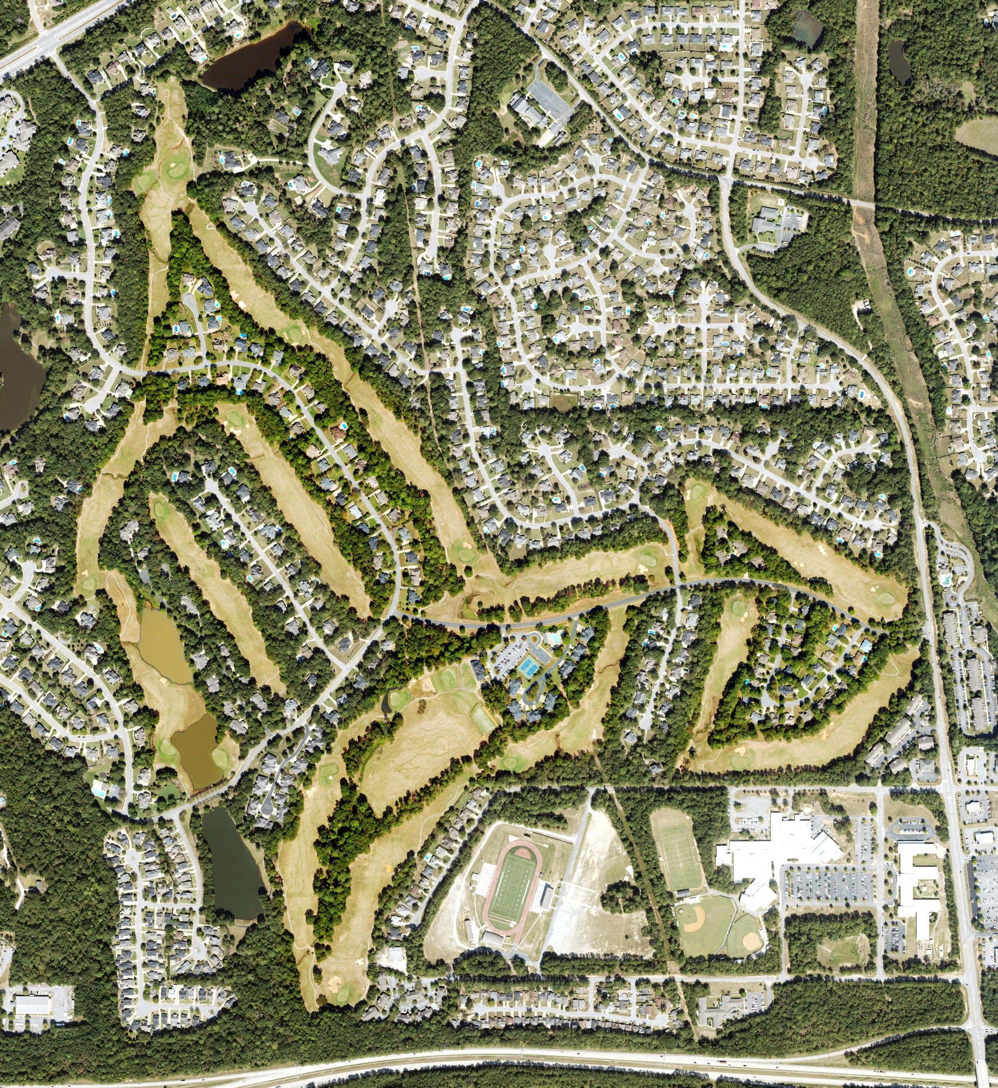 Aerial view of Maple Ridge Golf Course, GA, with its hole routing marked