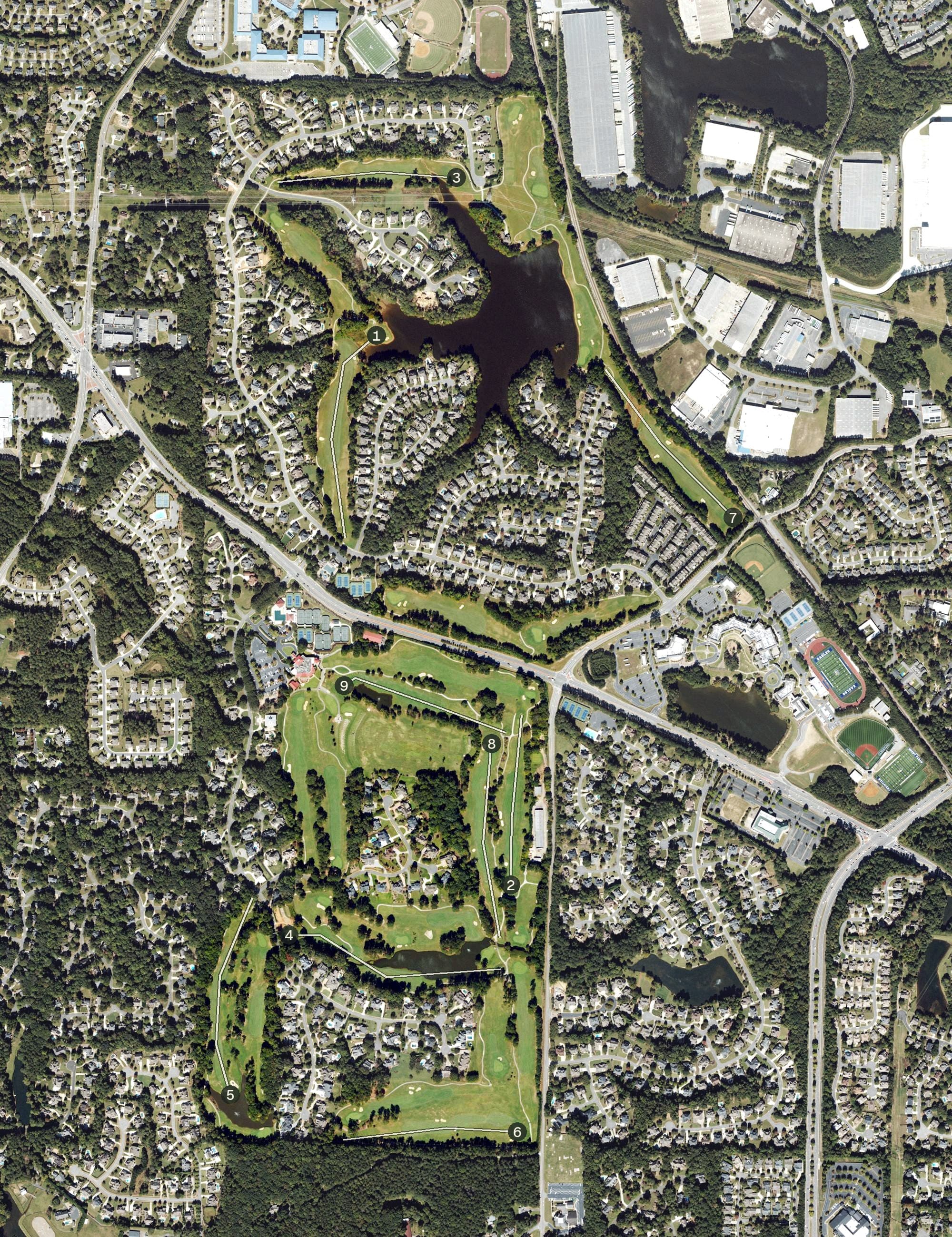 Aerial view of Marietta Country Club, GA, with its hole routing marked