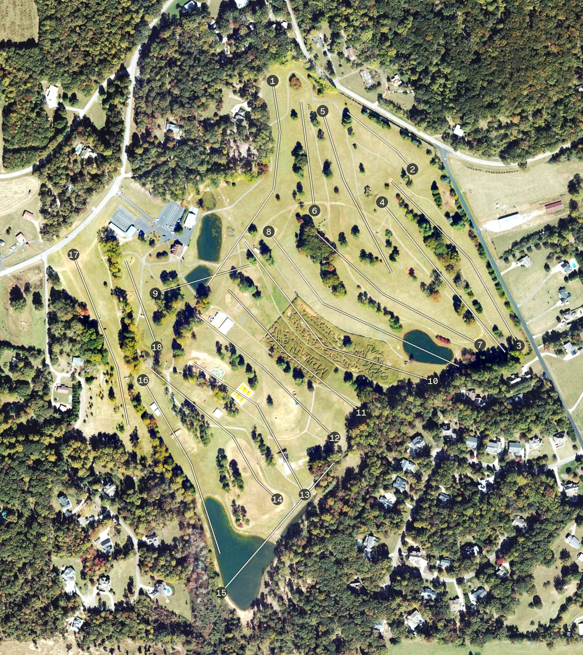 Aerial view of Mossy Creek Golf Course, GA, with its hole routing marked