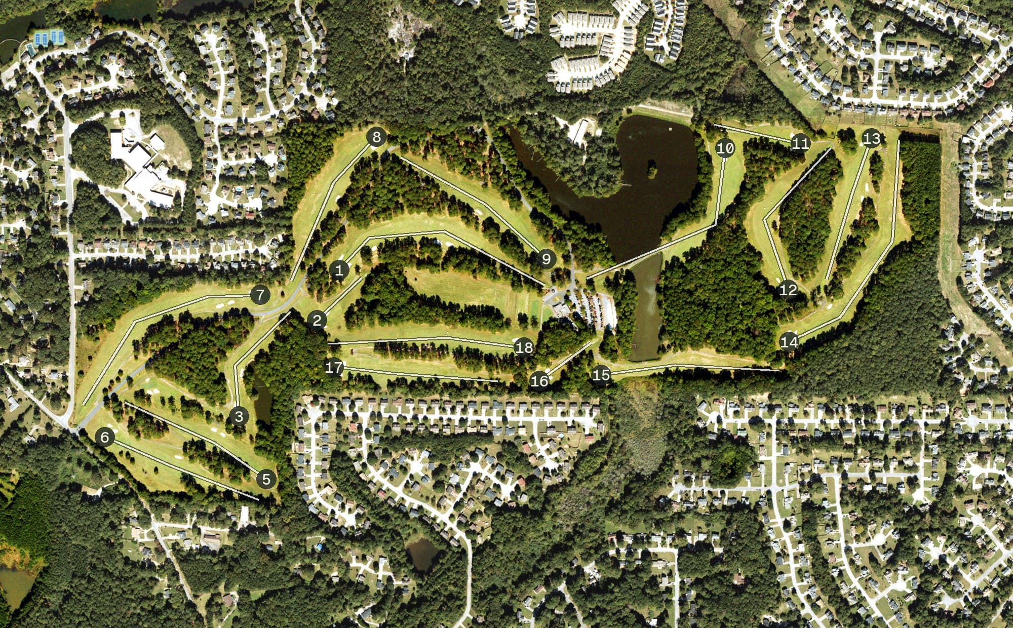 Aerial view of Mystery Valley Golf Club, GA, with its hole routing marked