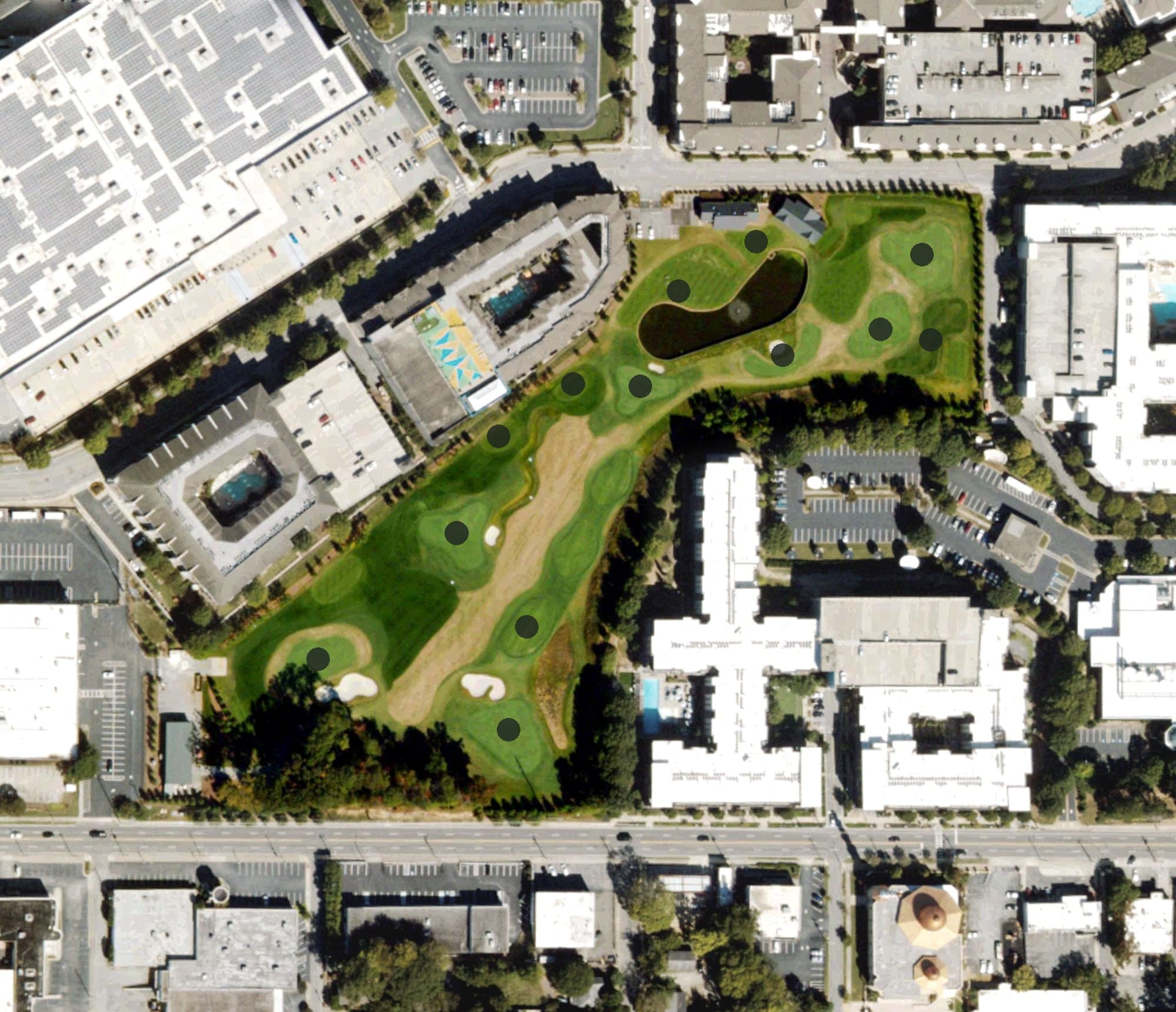 Aerial view of Noonan Golf Facility, GA, with its hole routing marked