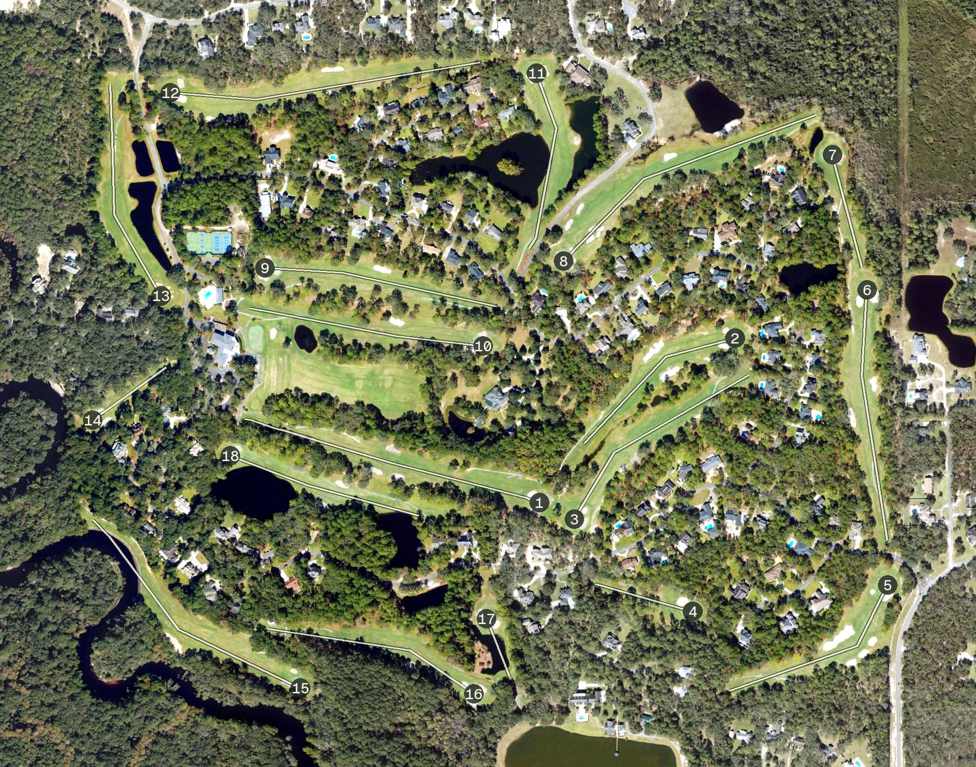 Aerial view of Okefenokee Golf and Country Club, GA, with its hole routing marked