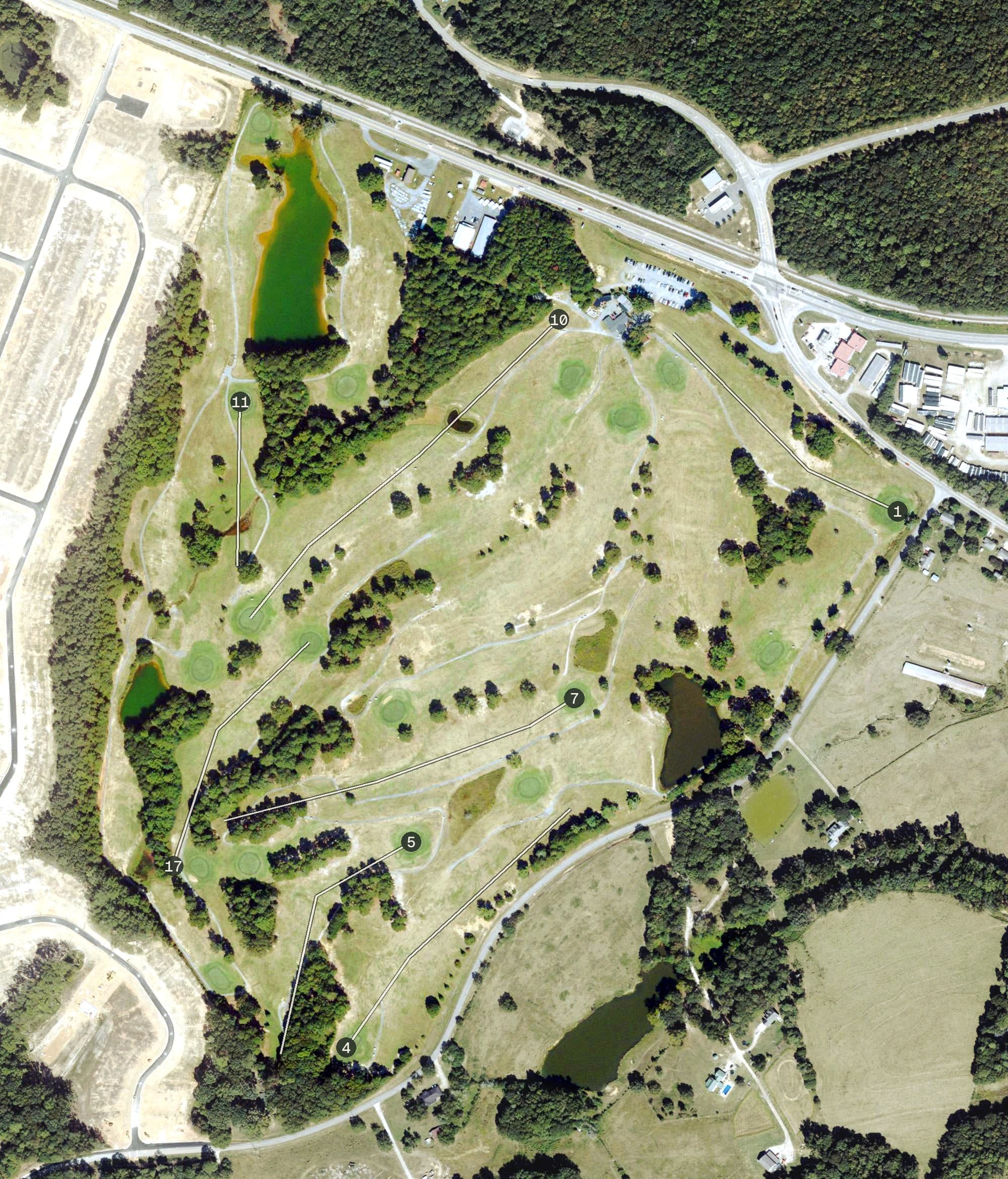 Aerial view of Pine Hills Golf Club, GA, with its hole routing marked
