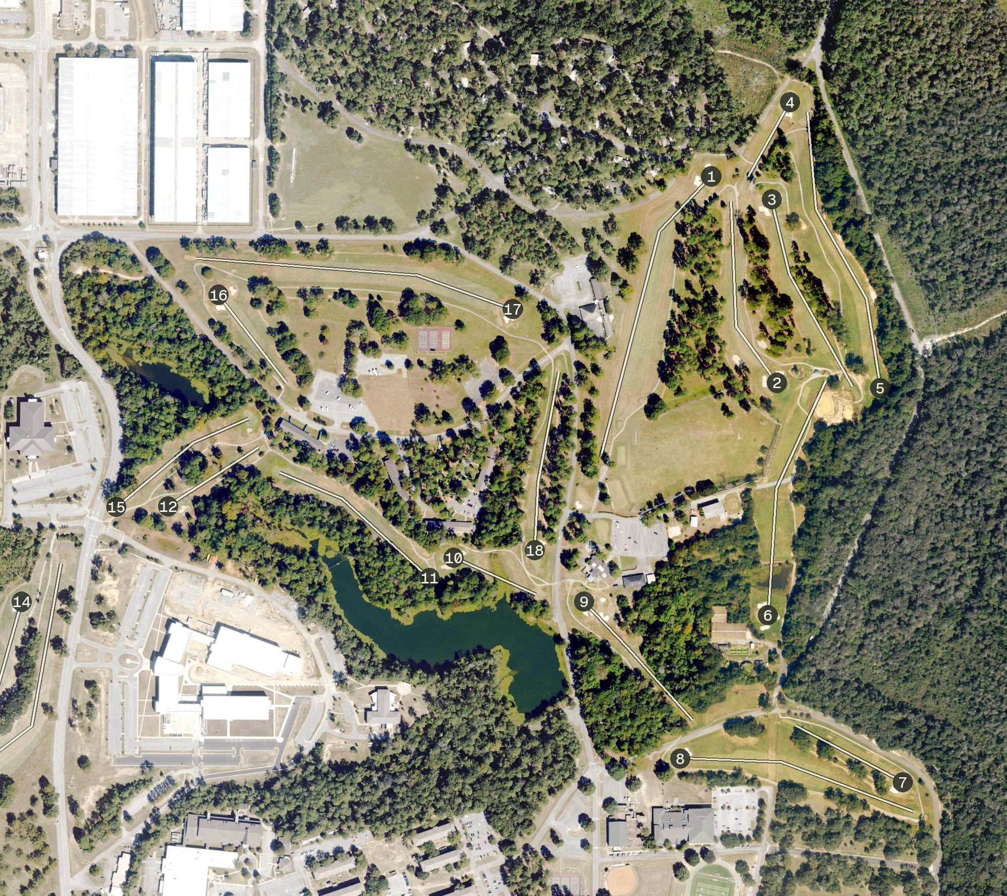 Aerial view of Pine Oaks Golf Course, GA, with its hole routing marked