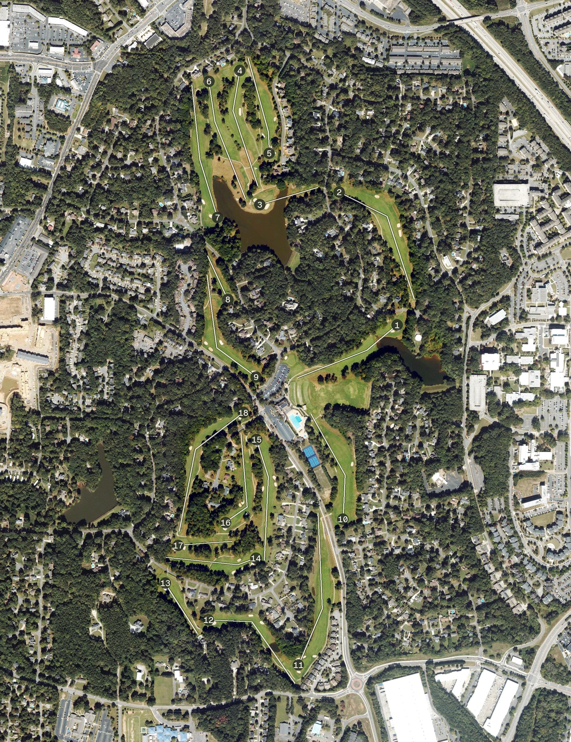 Aerial view of Pinetree Country Club, GA, with its hole routing marked