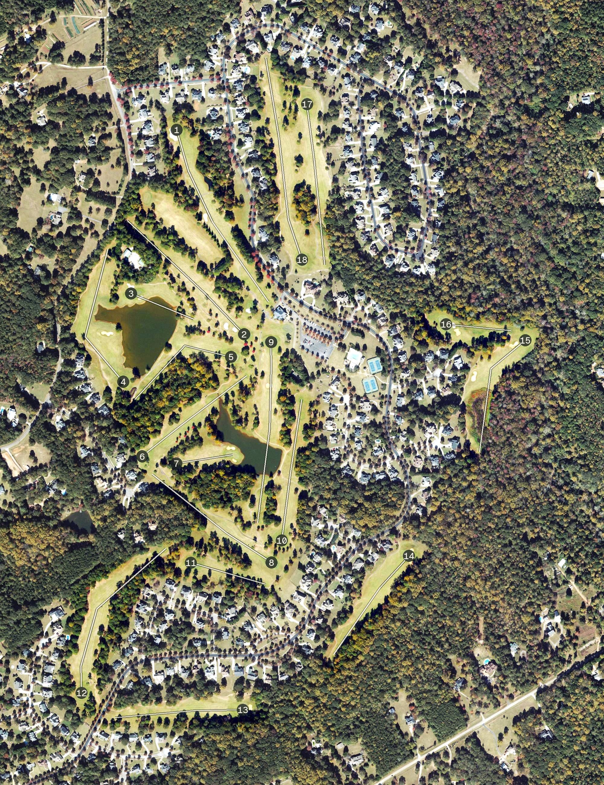 Aerial view of Providence Club, GA, with its hole routing marked