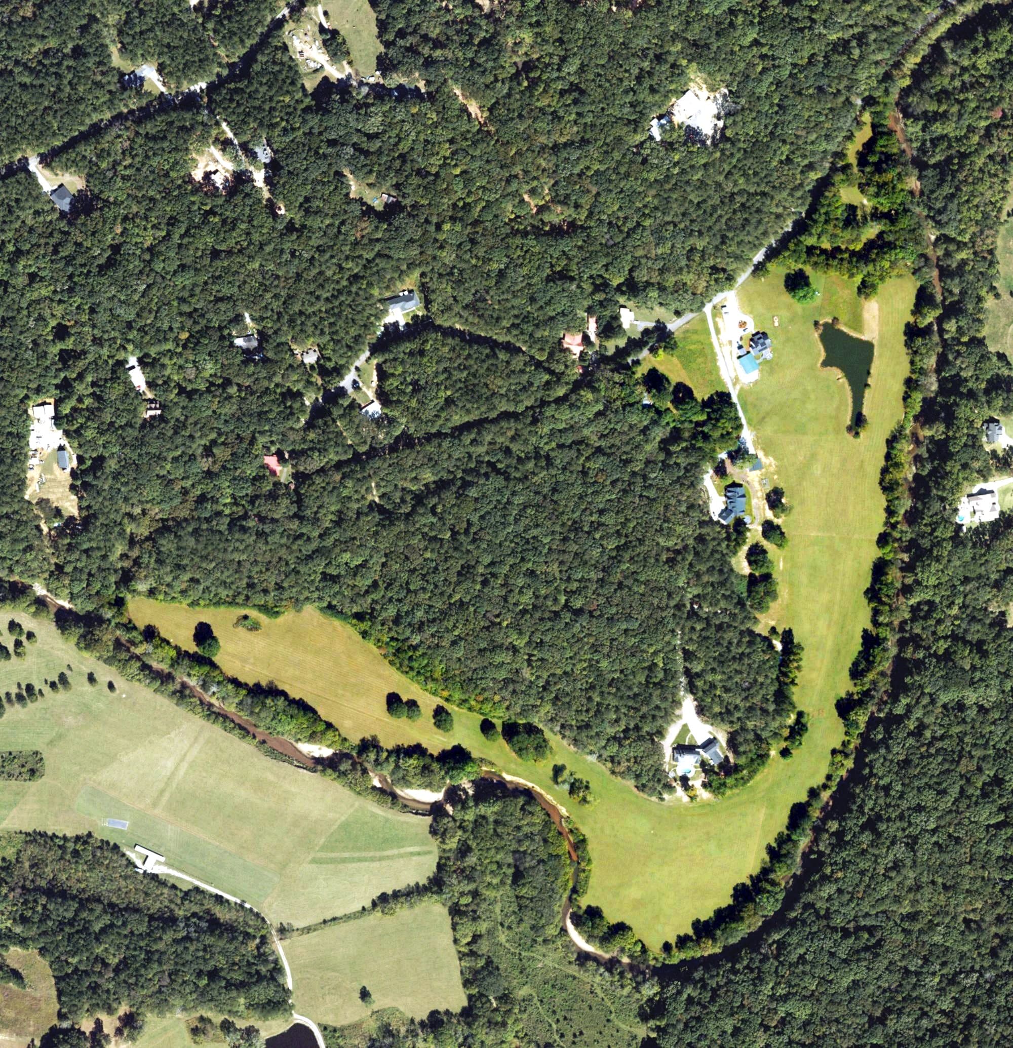 Aerial view of Pumpkinvine Golf Club, GA, with its hole routing marked