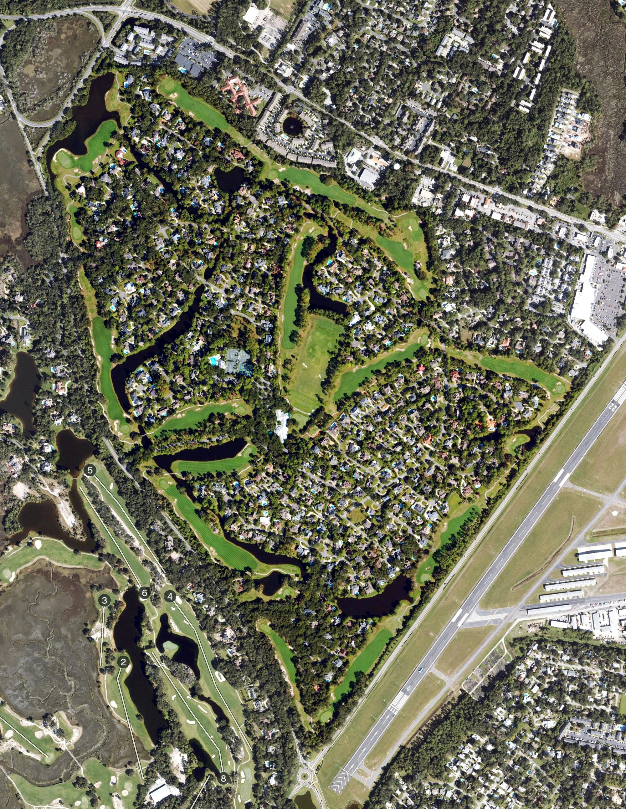 Aerial view of Retreat Course, GA, with its hole routing marked