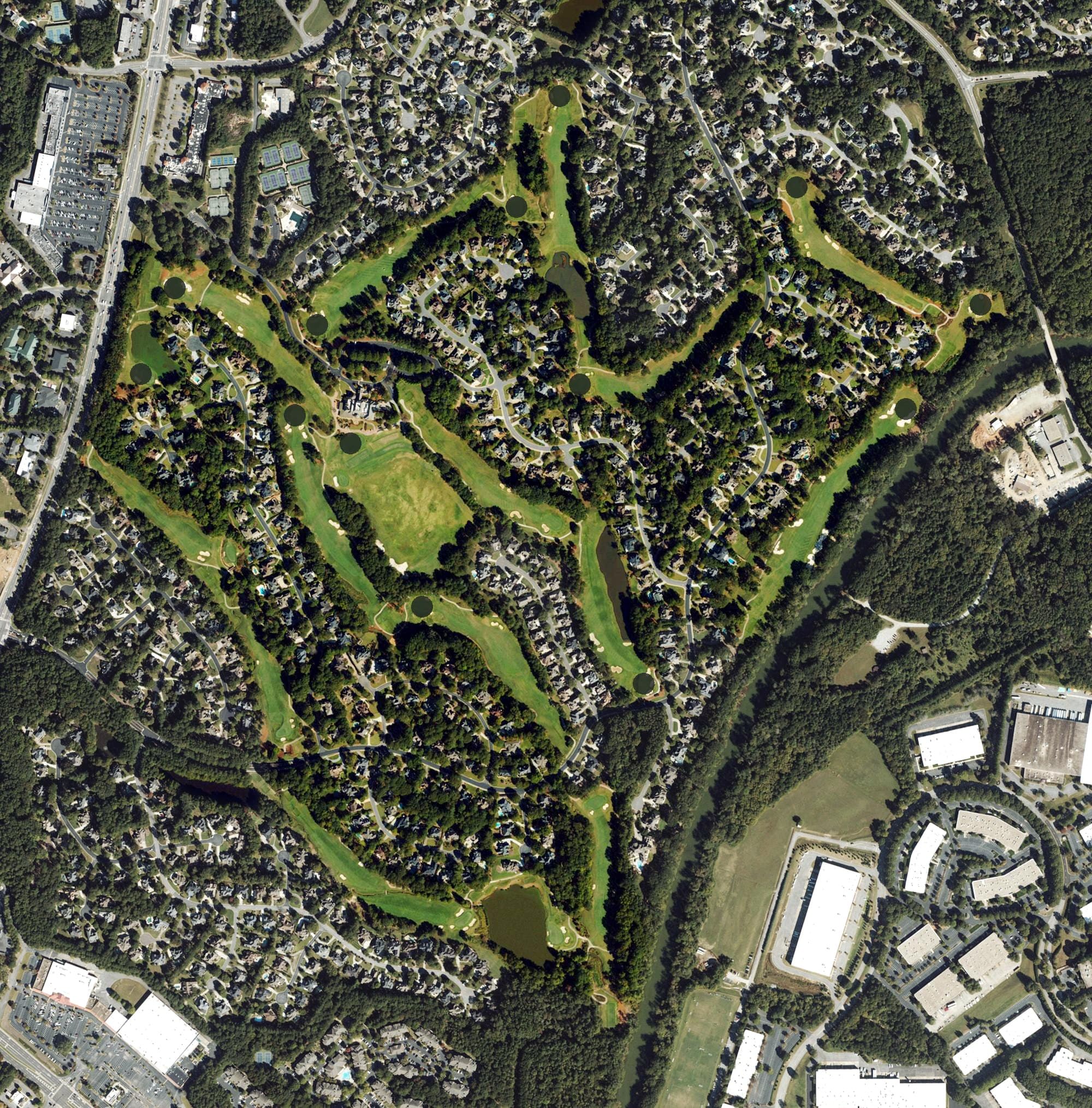 Aerial view of Saint Ives Country Club, GA, with its hole routing marked