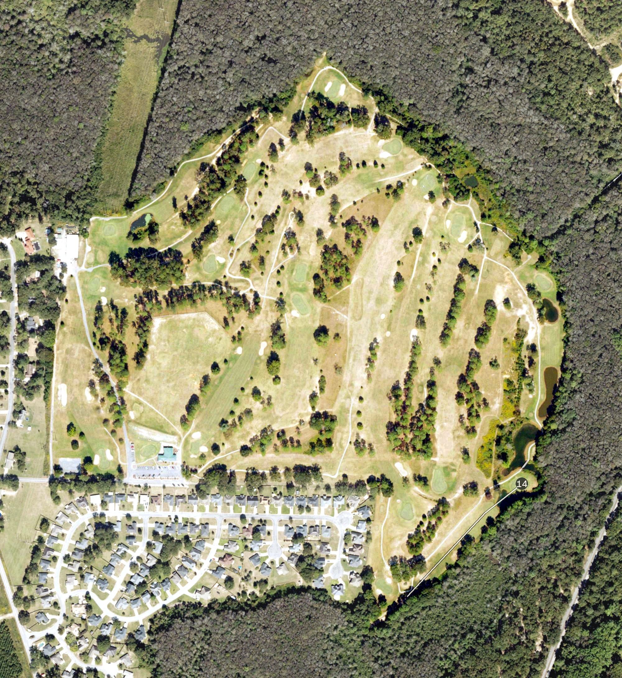 Aerial view of Sandy Run Golf Club, GA, with its hole routing marked
