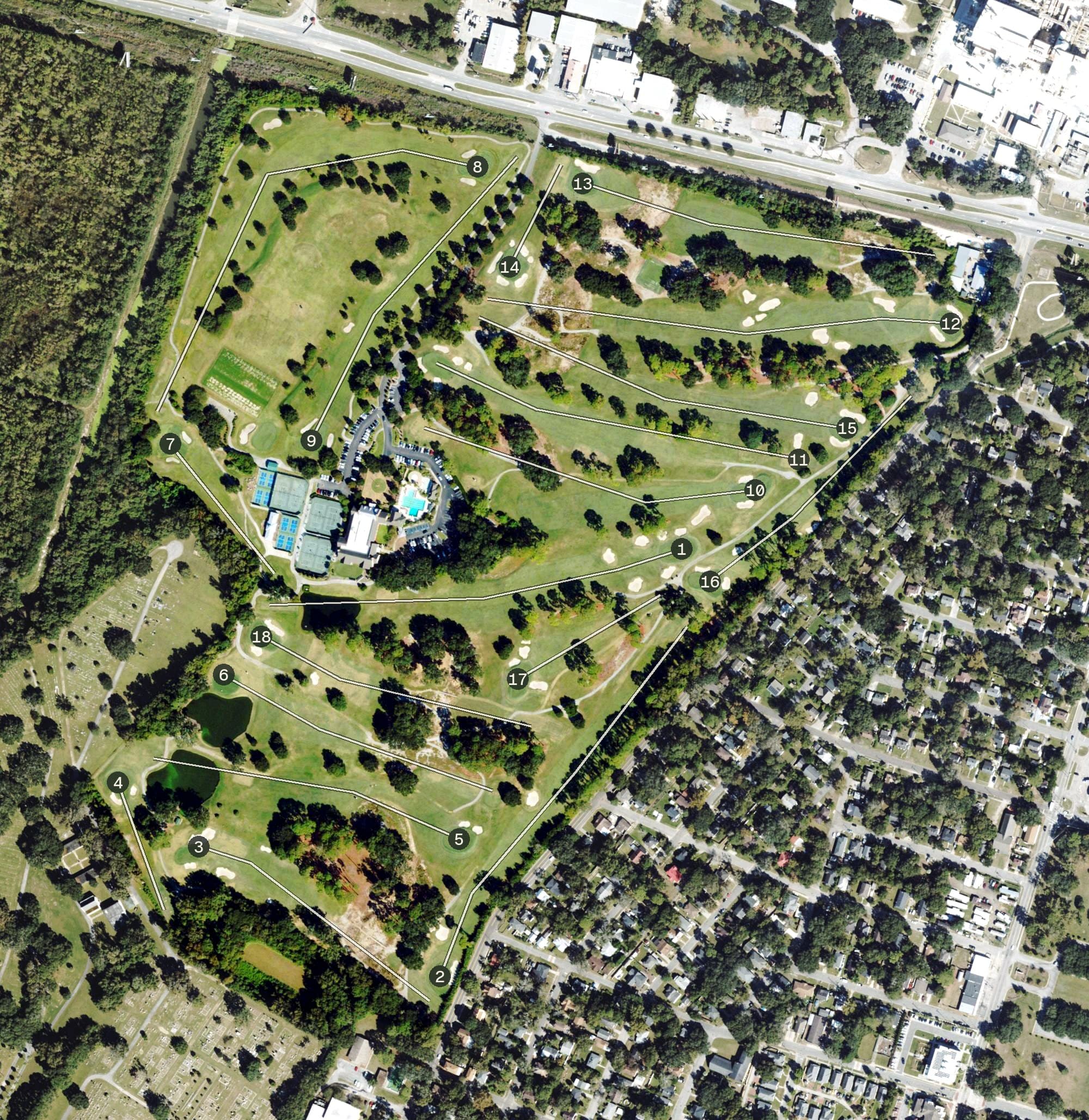 Aerial view of Savannah Golf Club, GA, with its hole routing marked