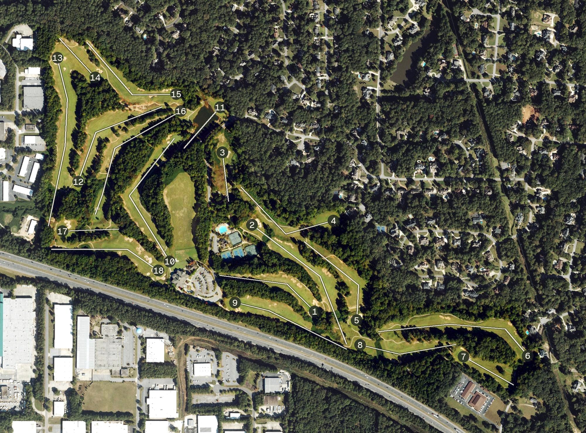 Aerial view of Smoke Rise Country Club, GA, with its hole routing marked