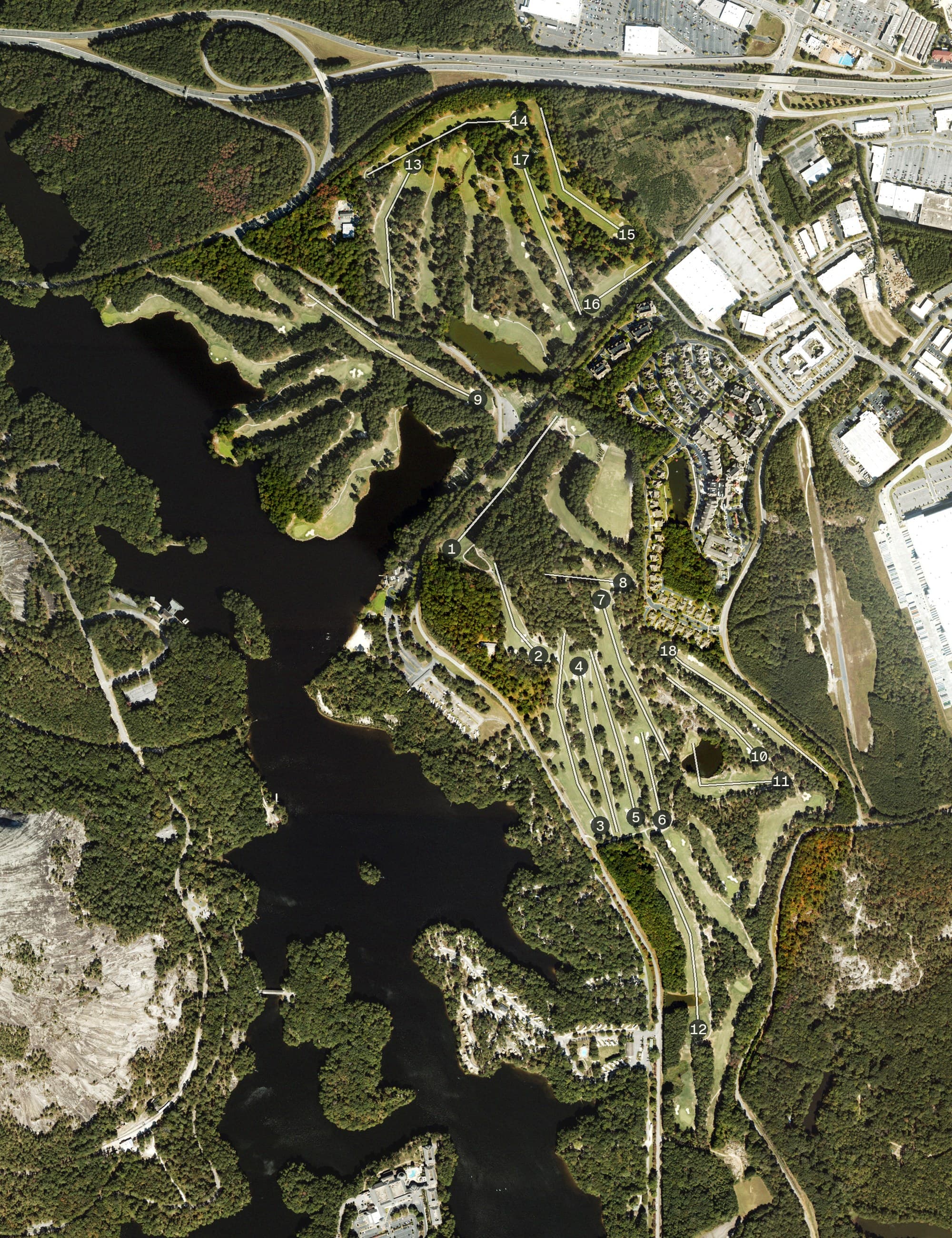 Aerial view of Stone Mountain Golf Club, GA, with its hole routing marked