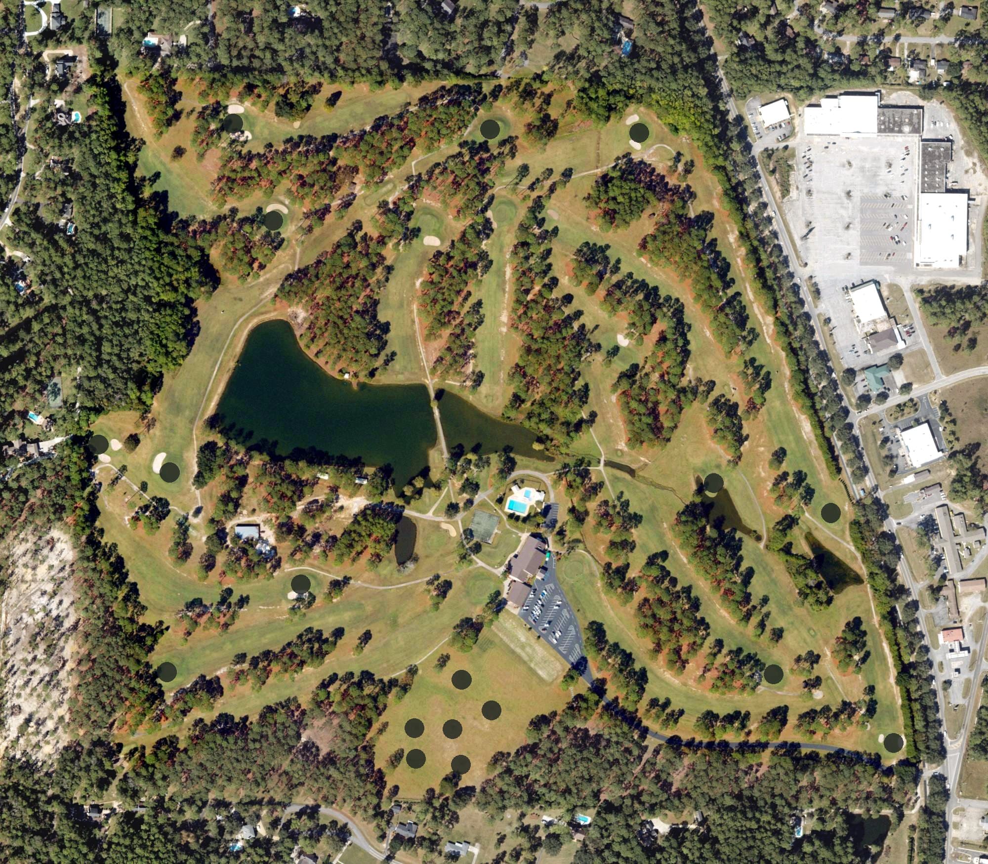 Aerial view of Sunset Country Club, GA, with its hole routing marked