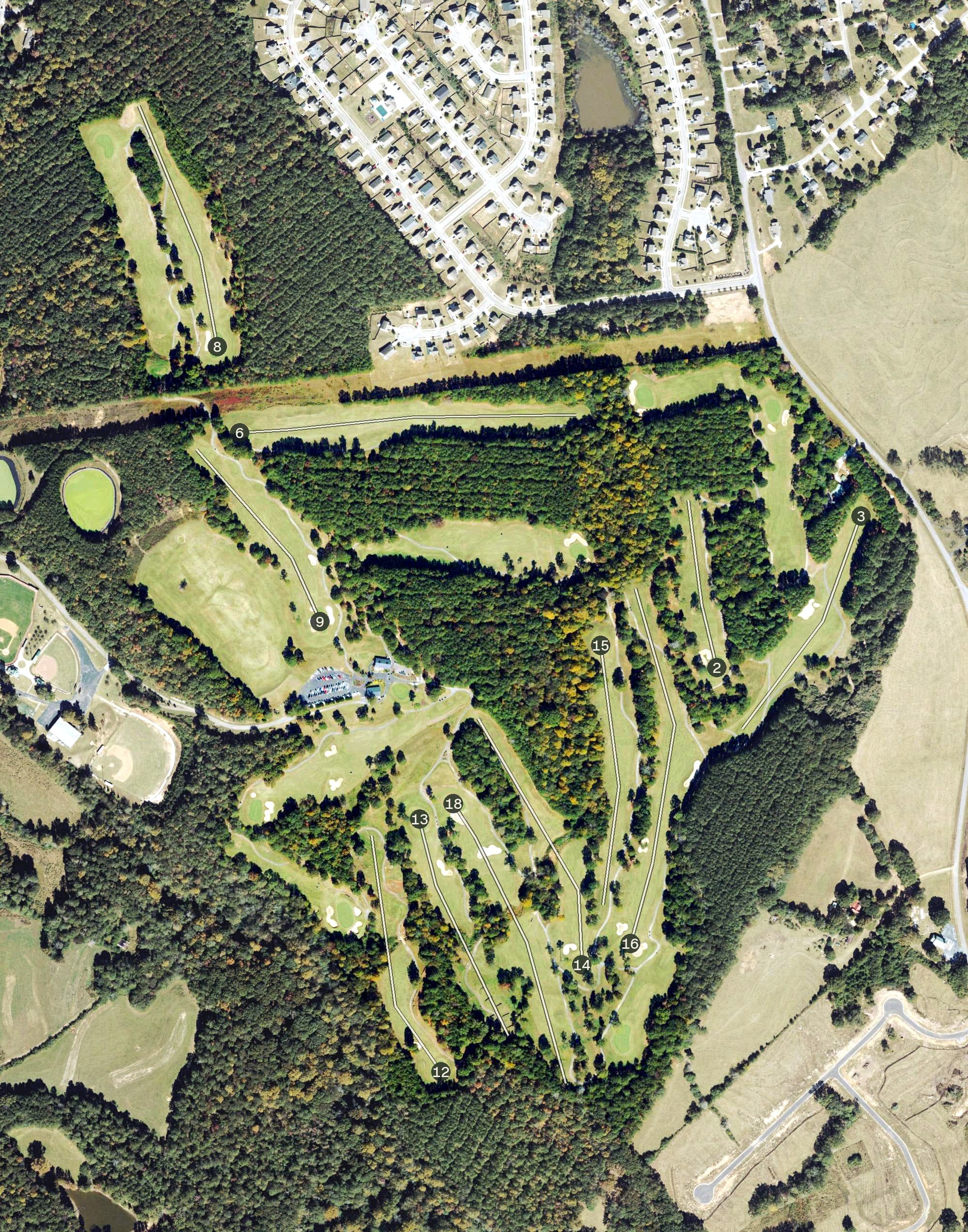 Aerial view of The Chimneys Golf Course, GA, with its hole routing marked