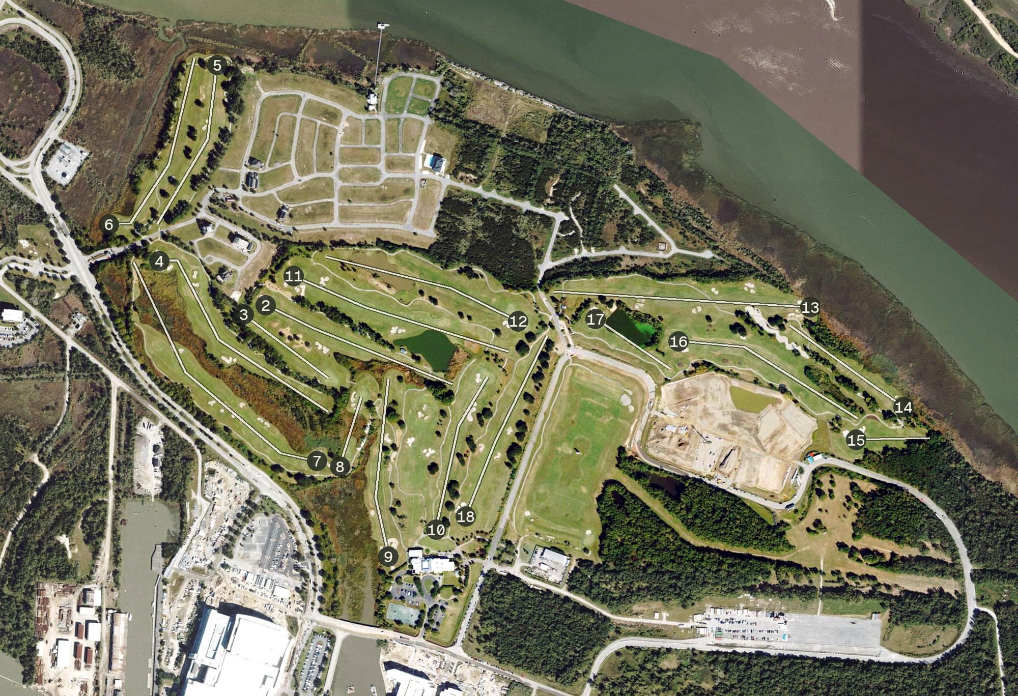 Aerial view of The Club at Savannah Harbor, GA, with its hole routing marked