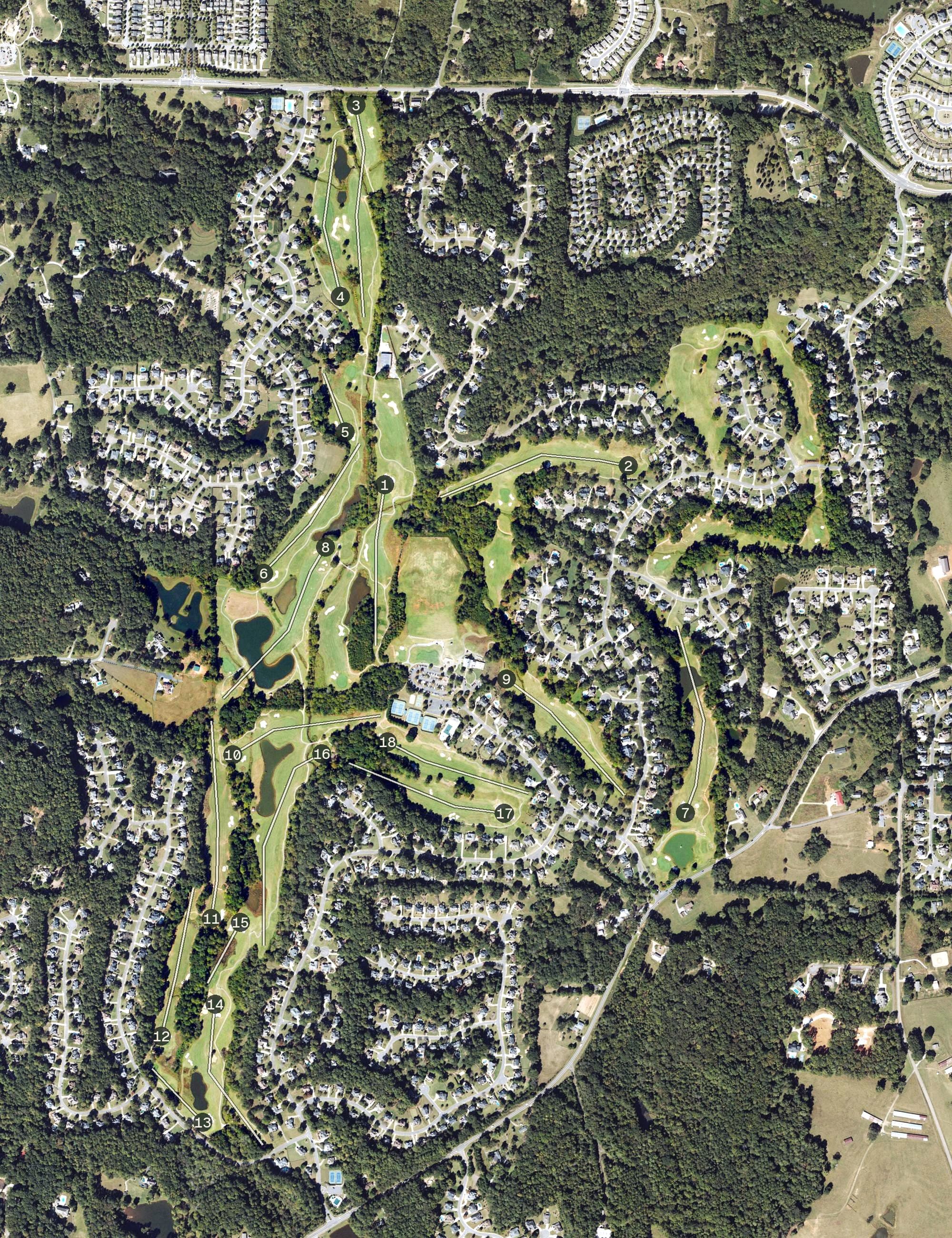 Aerial view of The Golf Club at Bradshaw Farm, GA, with its hole routing marked