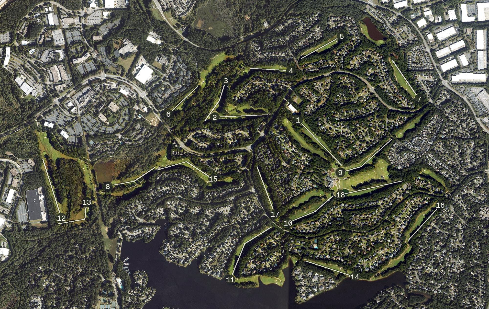 Aerial view of The Golf Club of Georgia, GA, with its hole routing marked