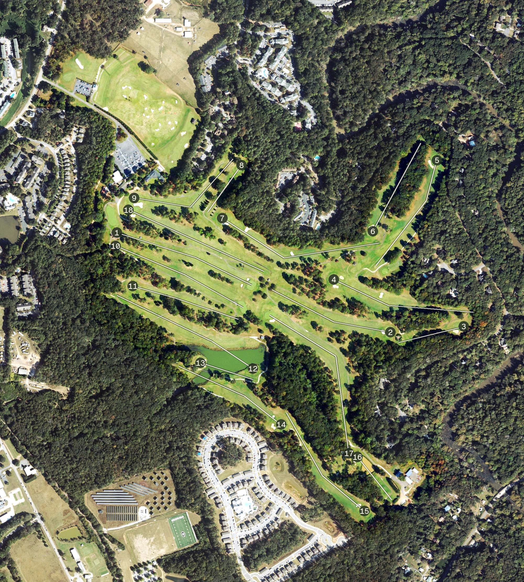 Aerial view of The University of Georgia Golf Course, GA, with its hole routing marked