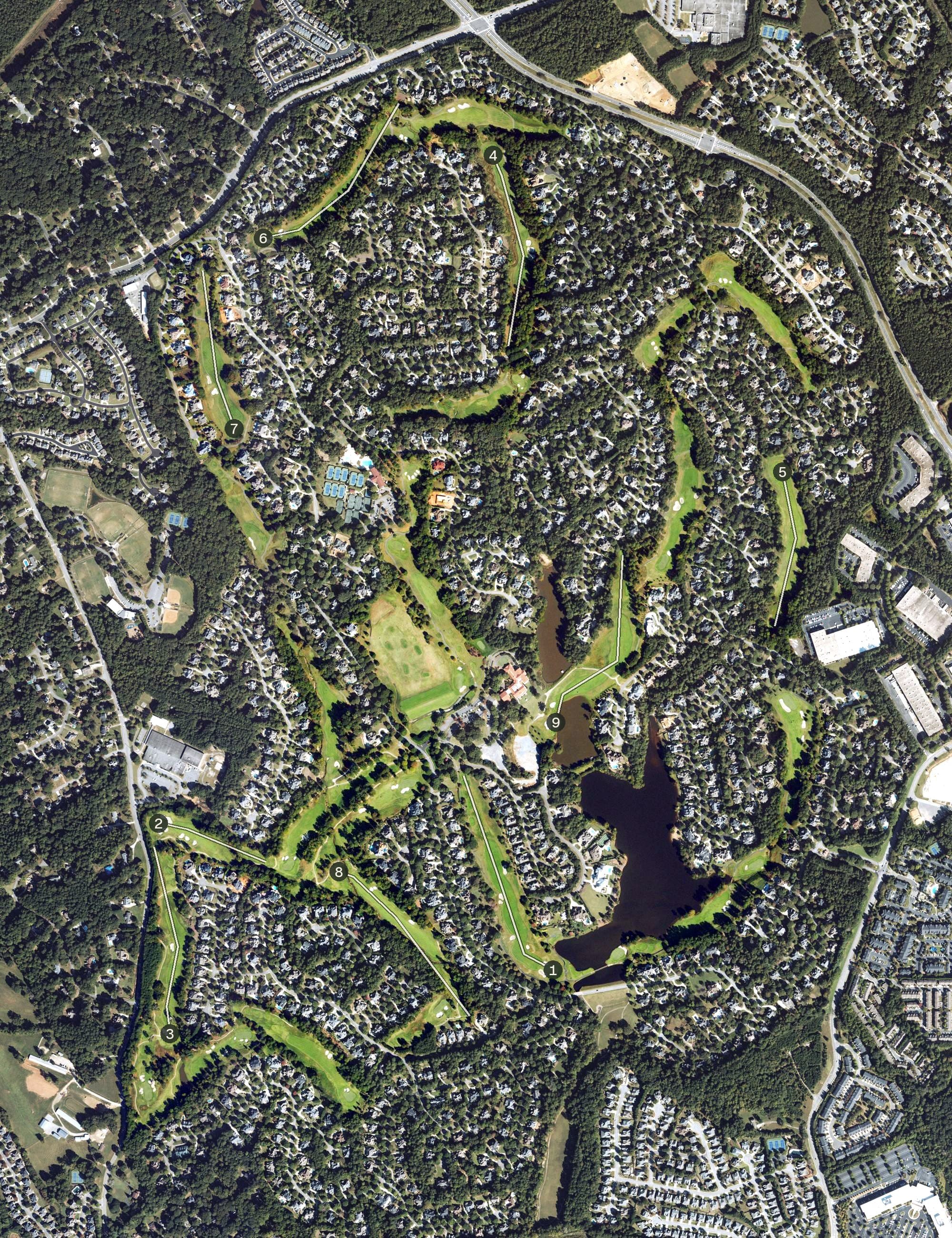 Aerial view of TPC Sugarloaf, GA, with its hole routing marked