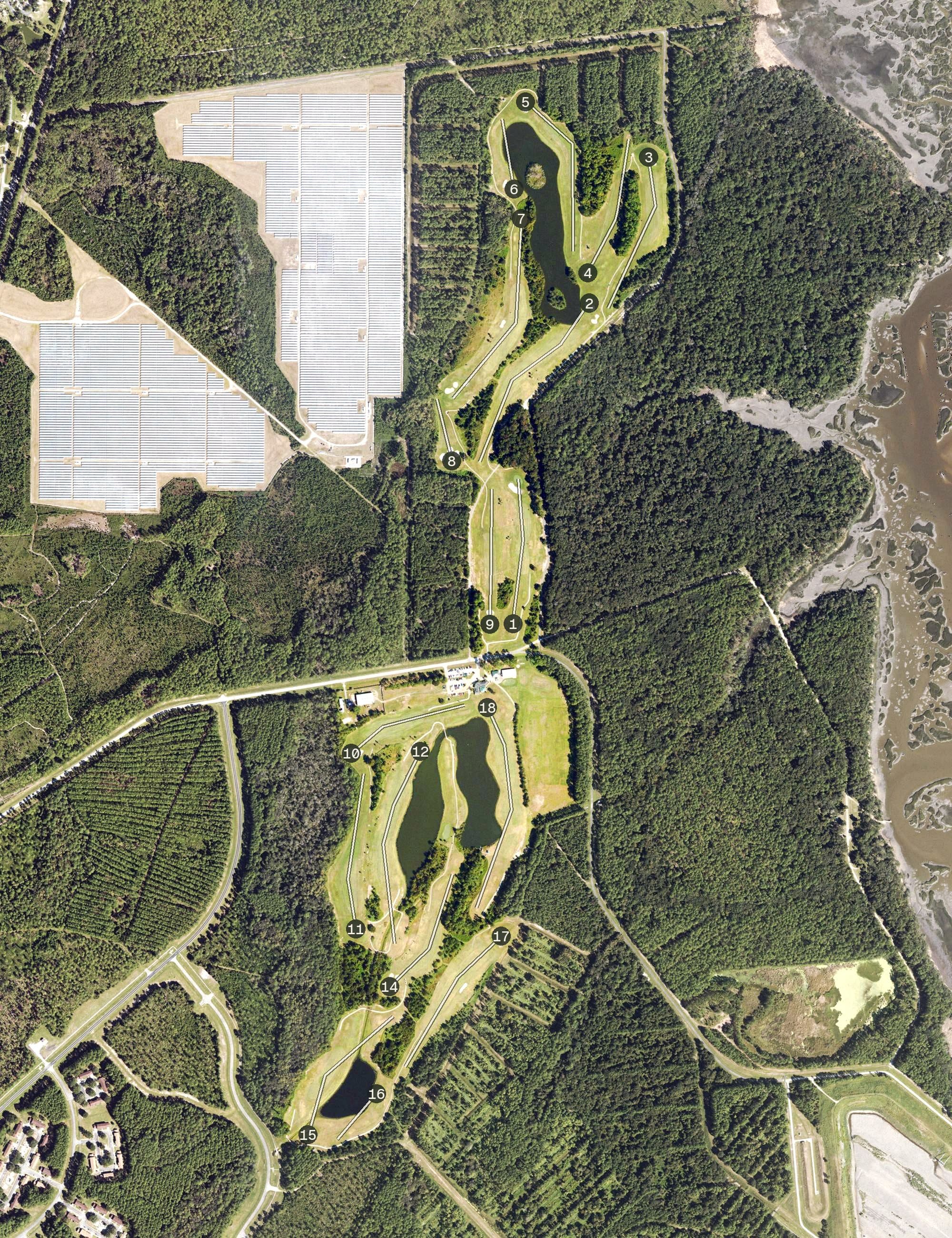 Aerial view of Trident Lakes Golf Course, GA, with its hole routing marked