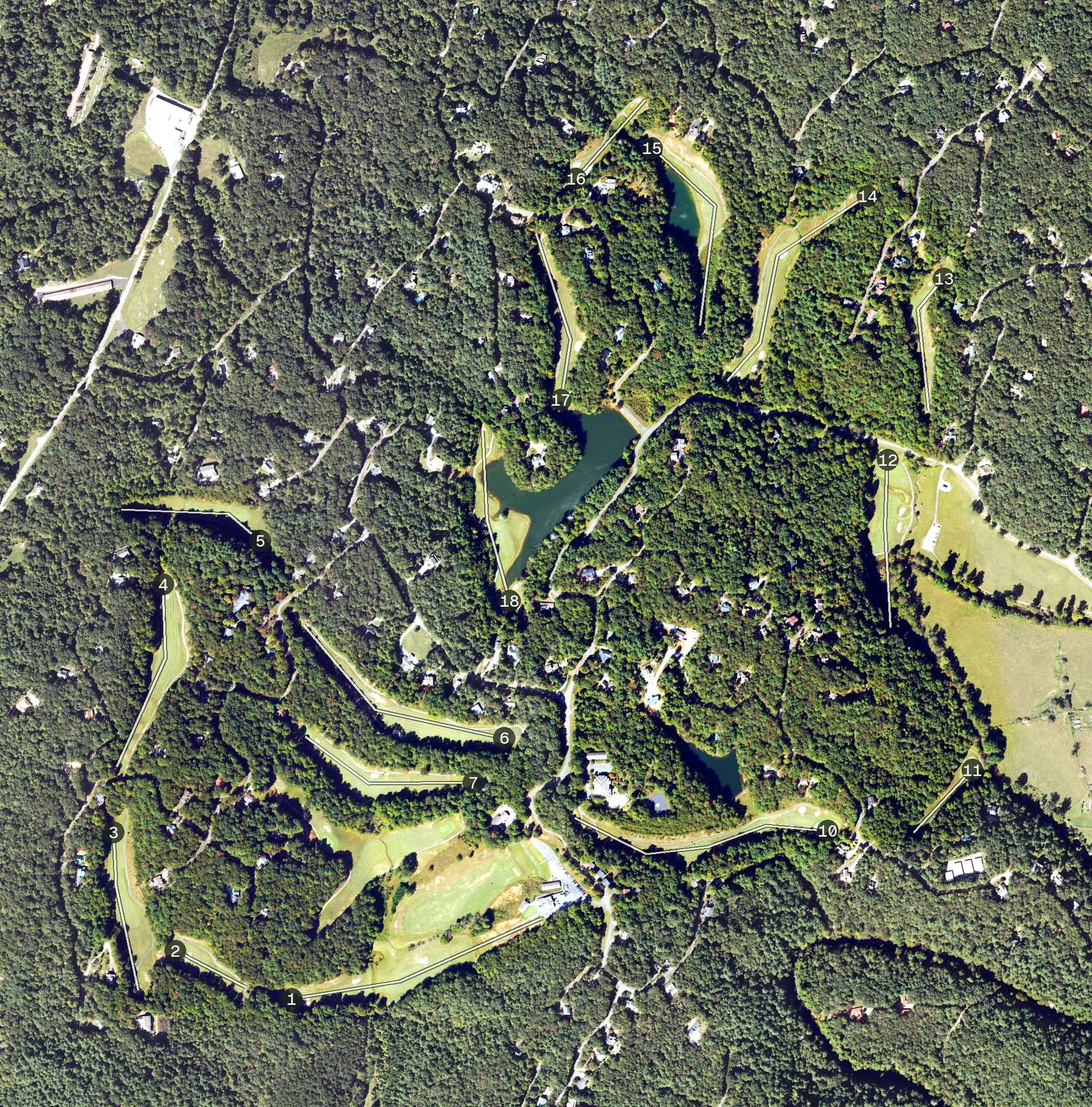 Aerial view of Whitepath Golf Course, GA, with its hole routing marked