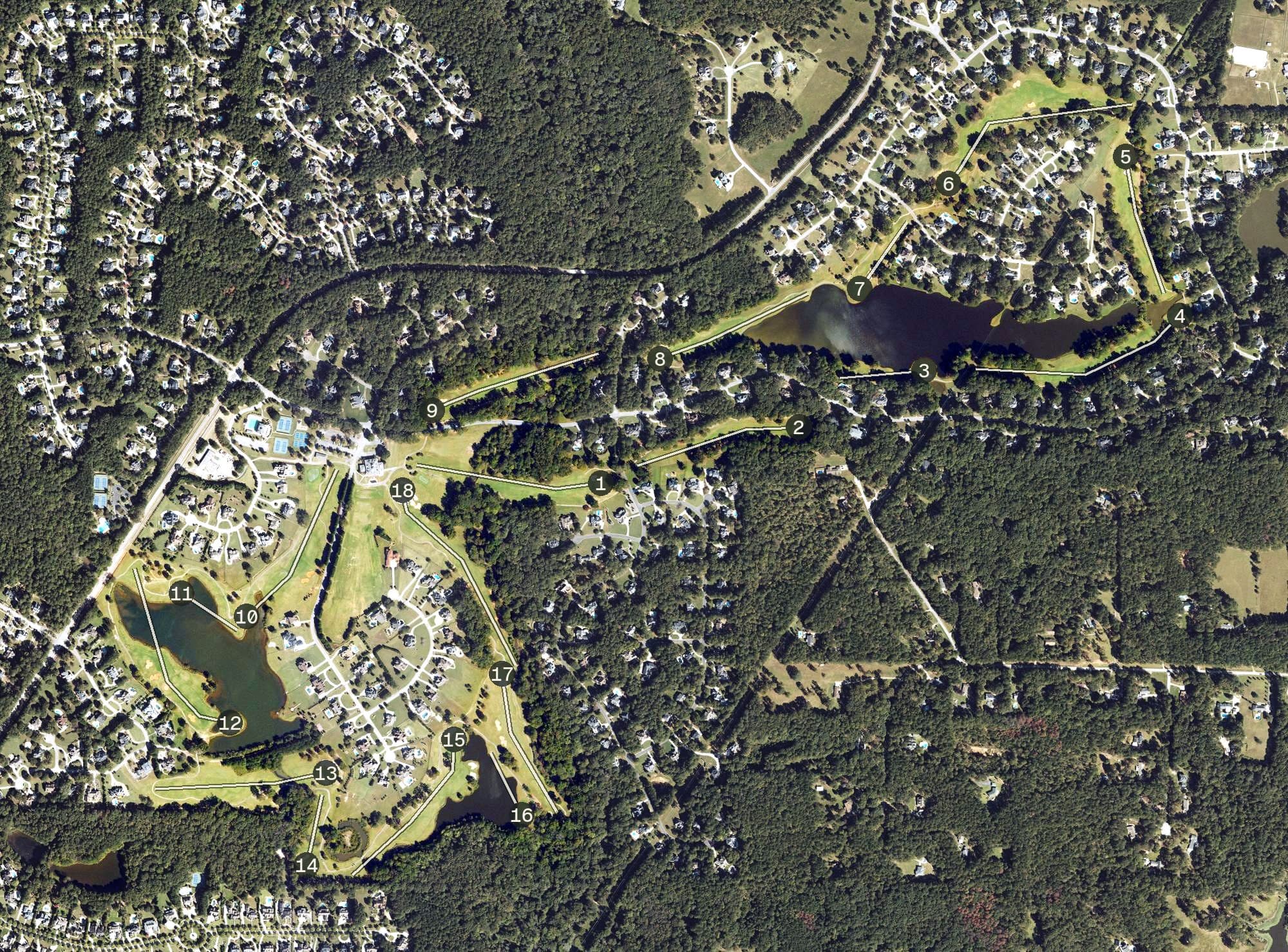 Aerial view of Whitewater Creek Country Club, GA, with its hole routing marked
