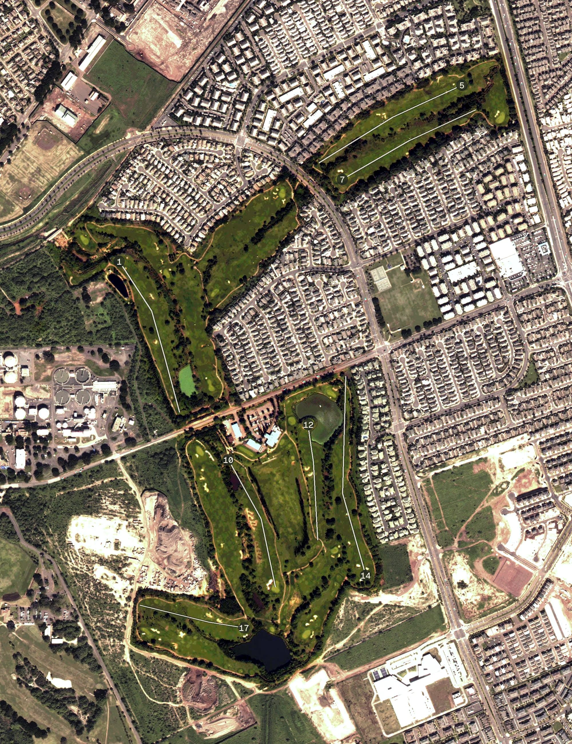 Aerial view of Coral Creek Golf Course, HI, with its hole routing marked