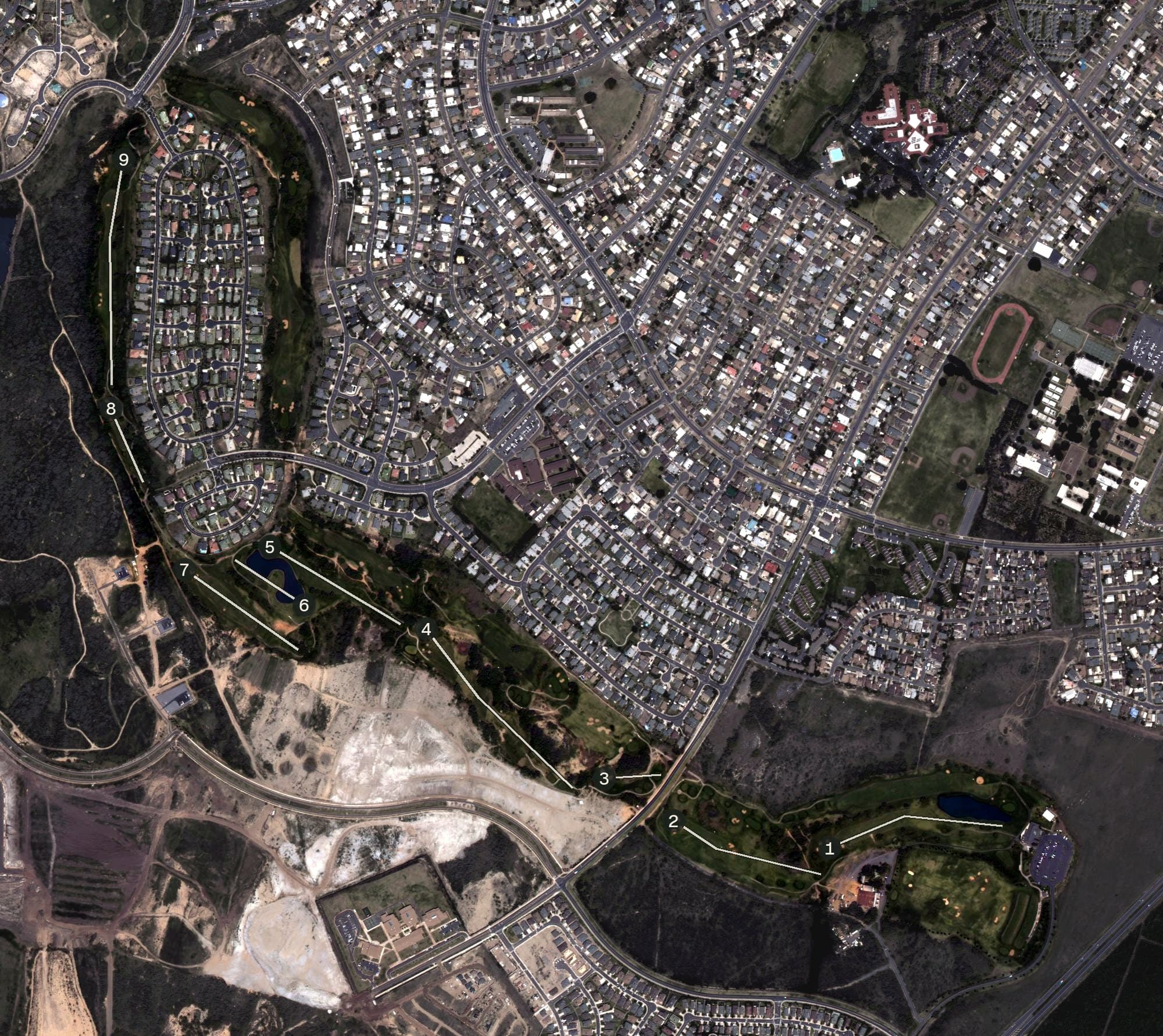 Aerial view of Dunes at Maui Lani Golf Course, HI, with its hole routing marked