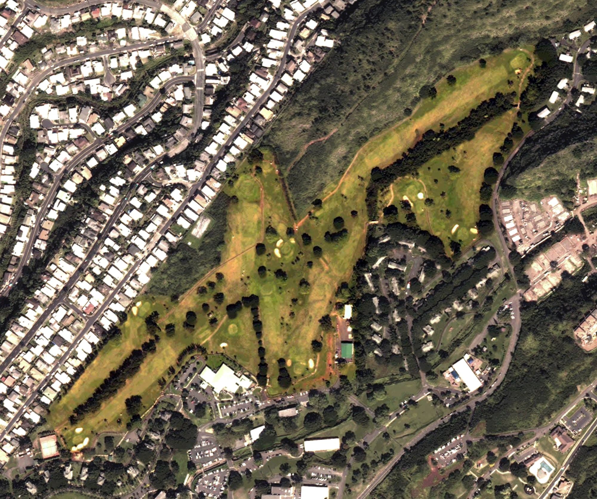 Aerial view of Fort Shafter Golf Course, HI, with its hole routing marked