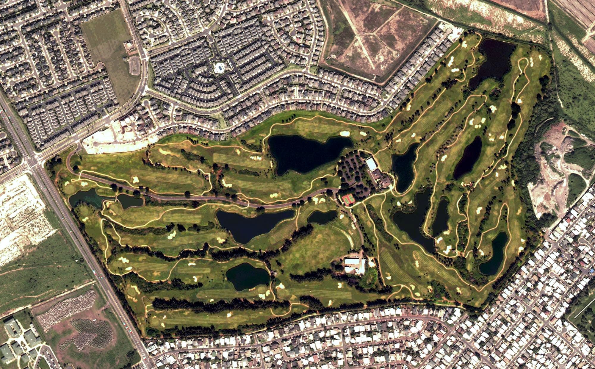Aerial view of Hawaii Prince Golf Club, HI, with its hole routing marked