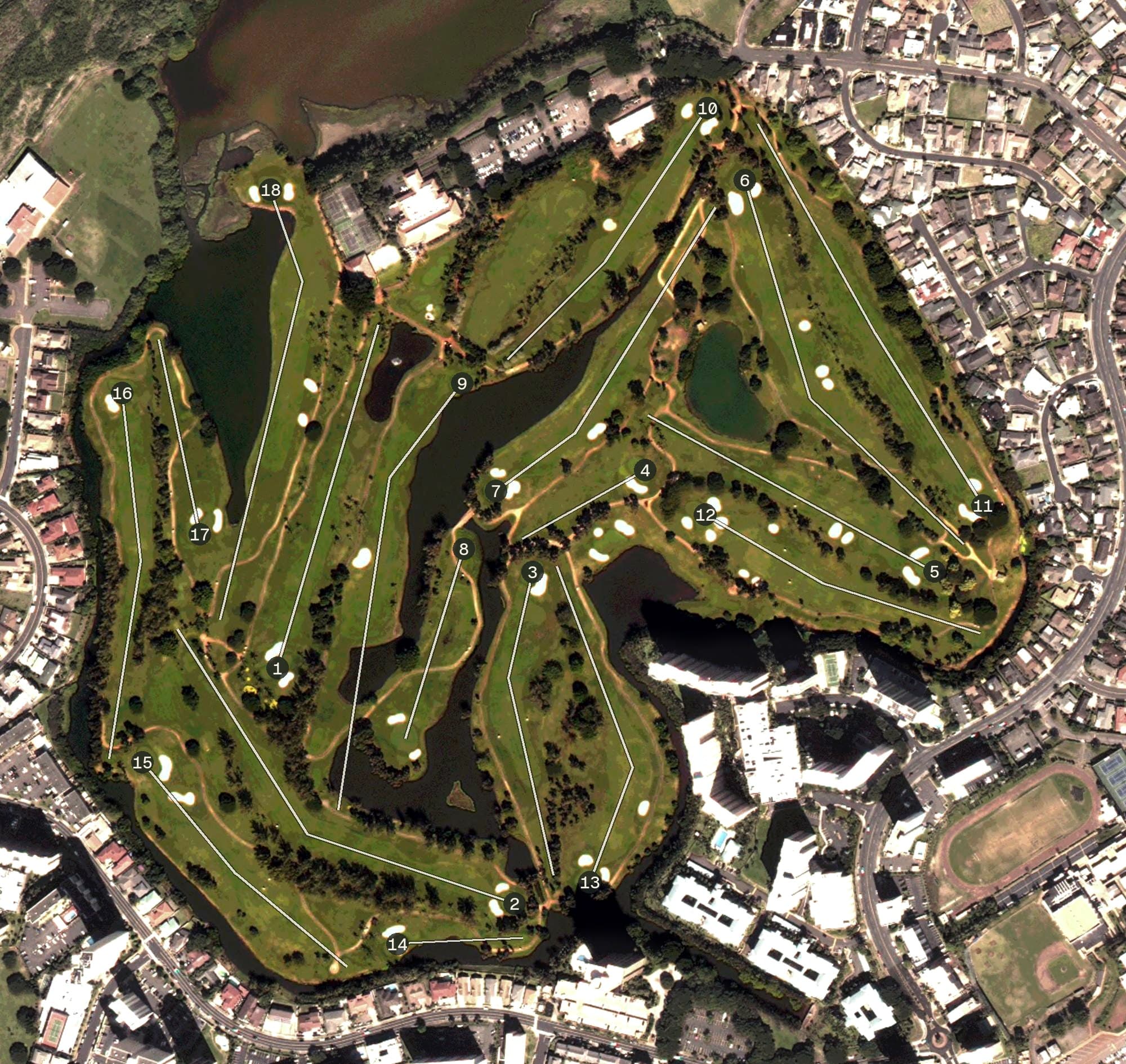 Aerial view of Honolulu Country Club, HI, with its hole routing marked