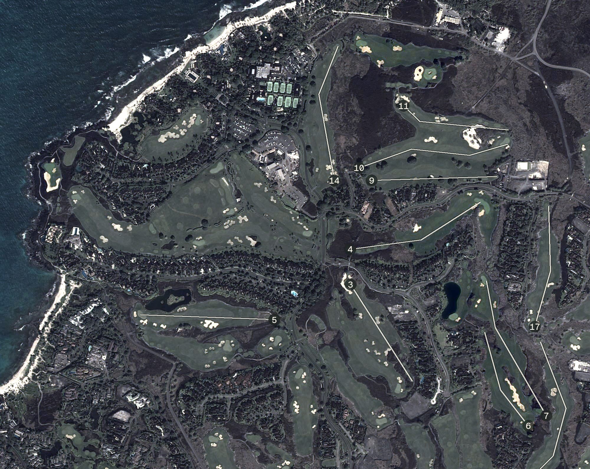 Aerial view of Hualalai Golf Club Nicklaus Course, HI, with its hole routing marked