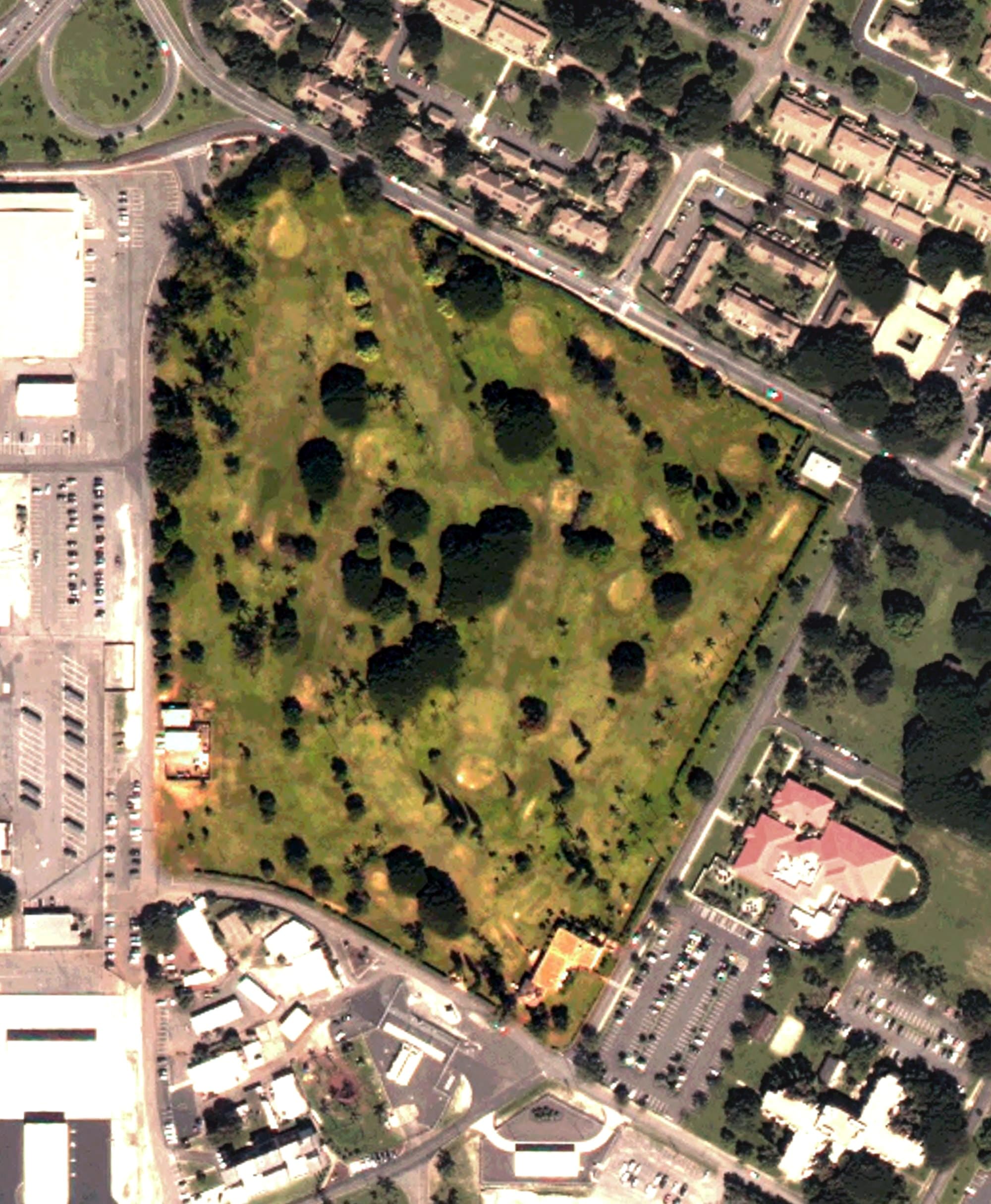 Aerial view of Kealohi Golf Course, HI, with its hole routing marked