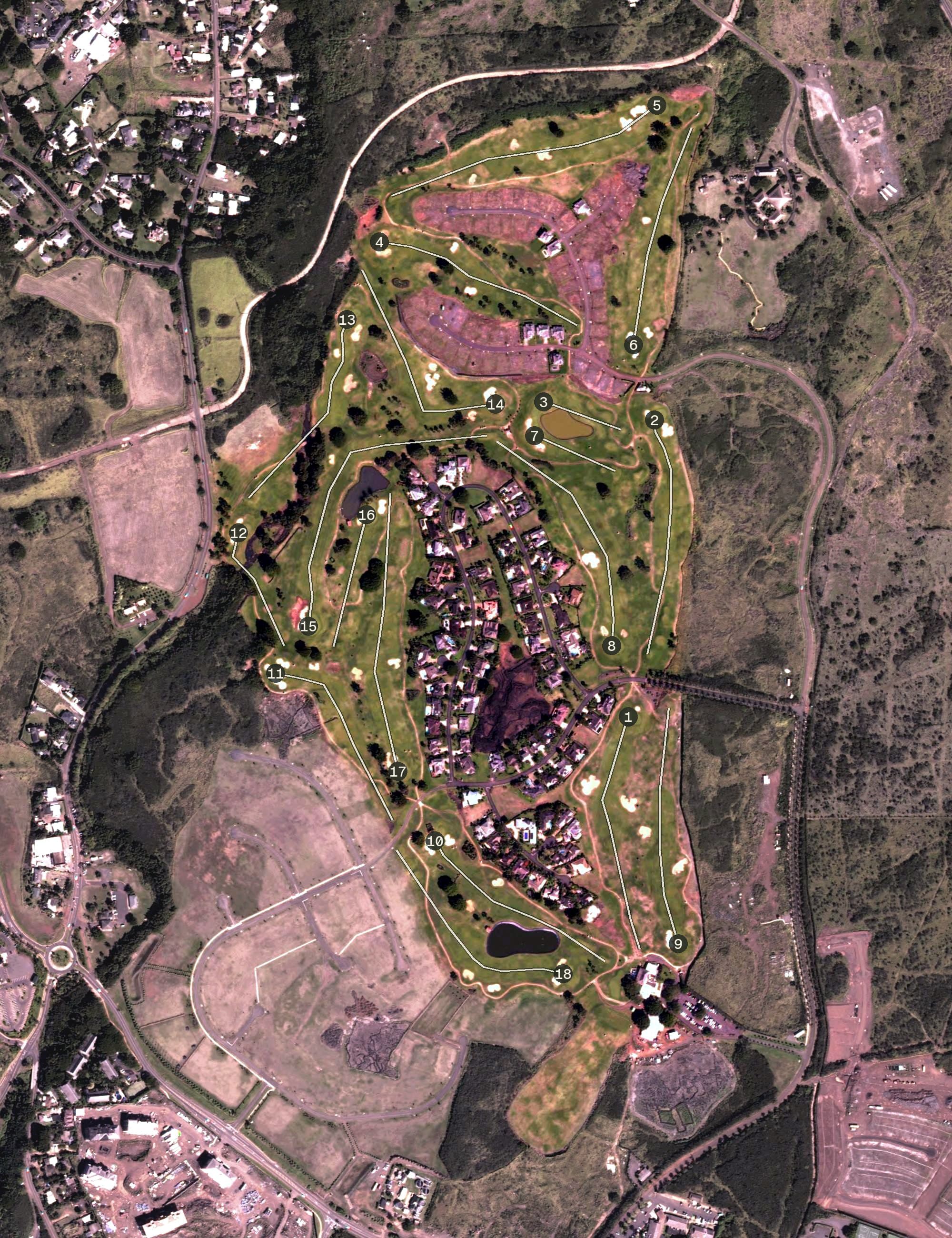 Aerial view of Kiahuna Golf Club, HI, with its hole routing marked