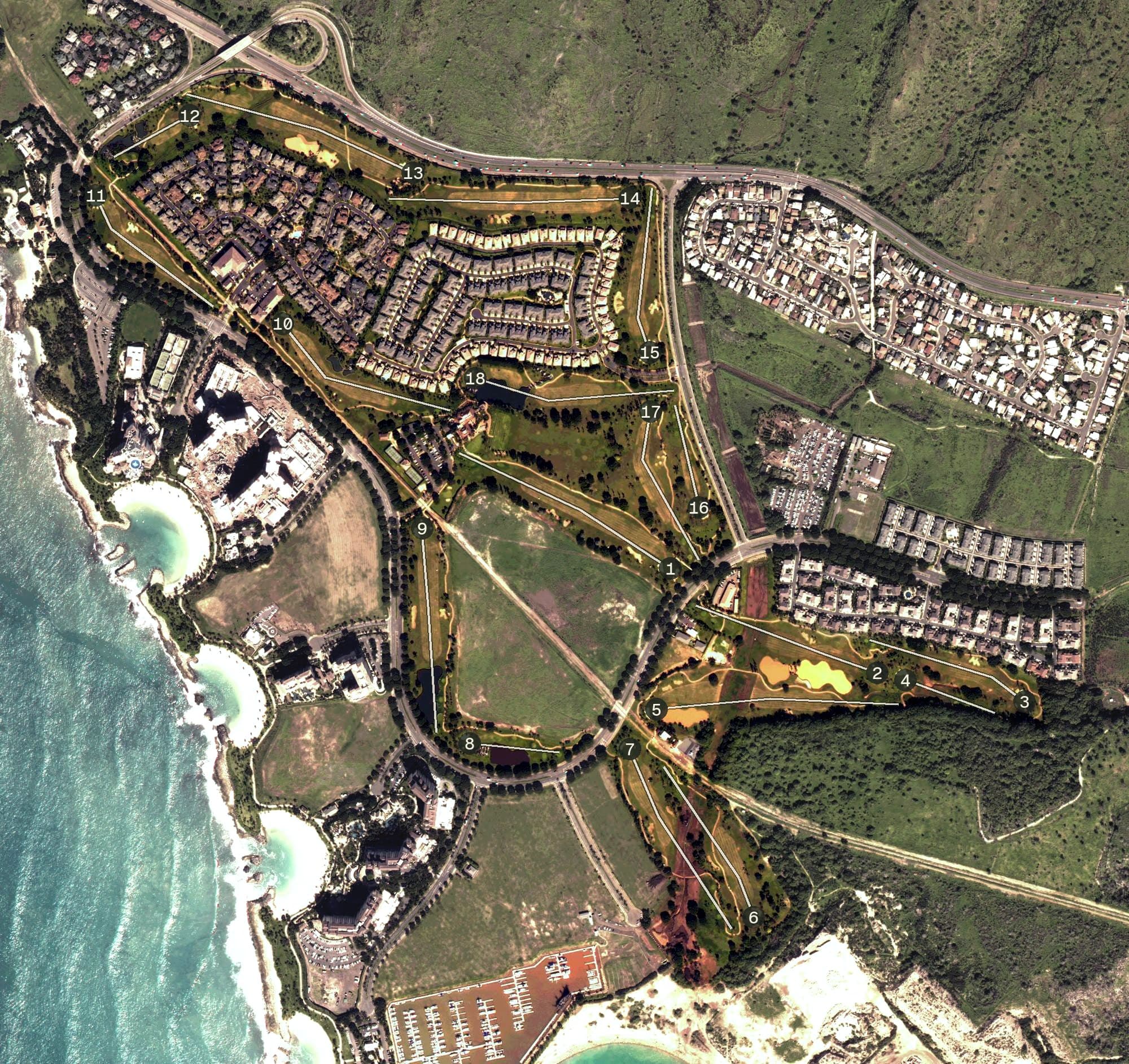Aerial view of Ko Olina Golf Club, HI, with its hole routing marked