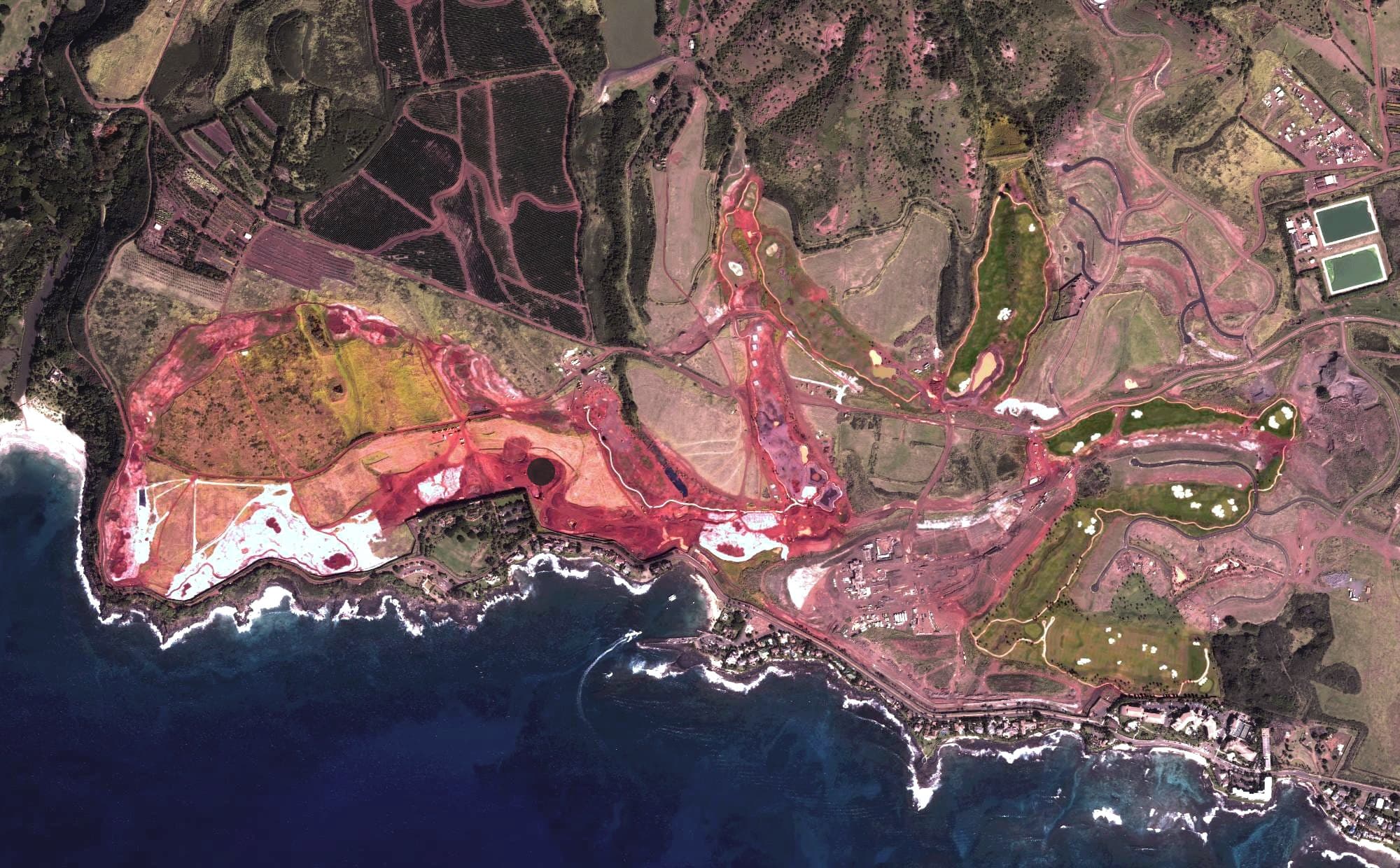 Aerial view of Kukuiʻula Golf Course, HI, with its hole routing marked