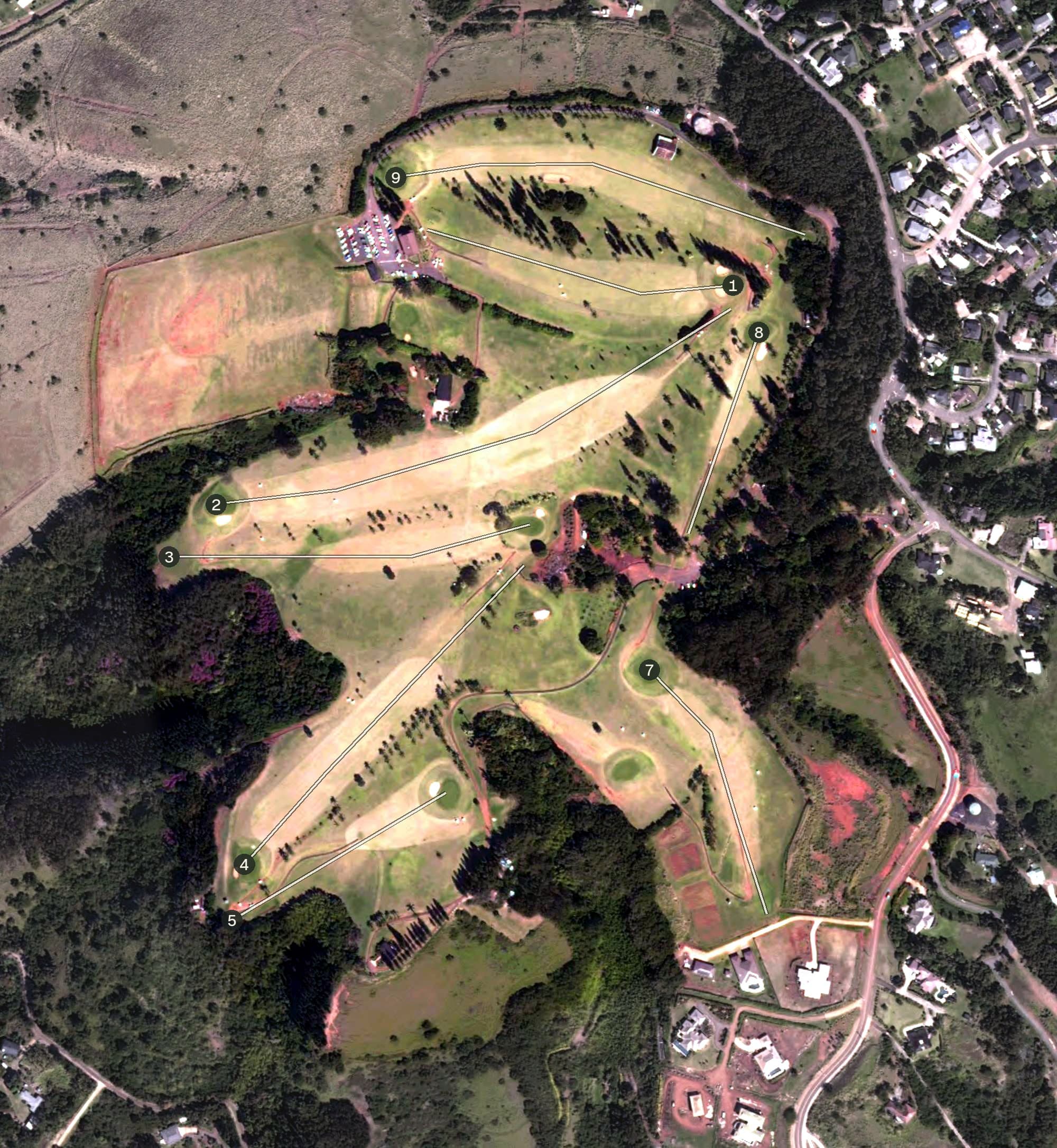 Aerial view of Kukuiolono Park & Golf Course, HI, with its hole routing marked