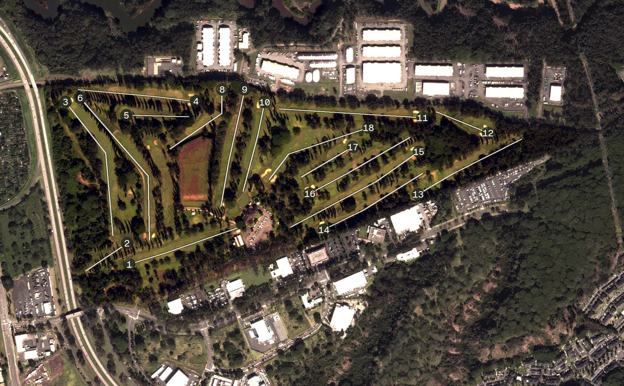 Aerial view of Leilehua Golf Course, HI, with its hole routing marked