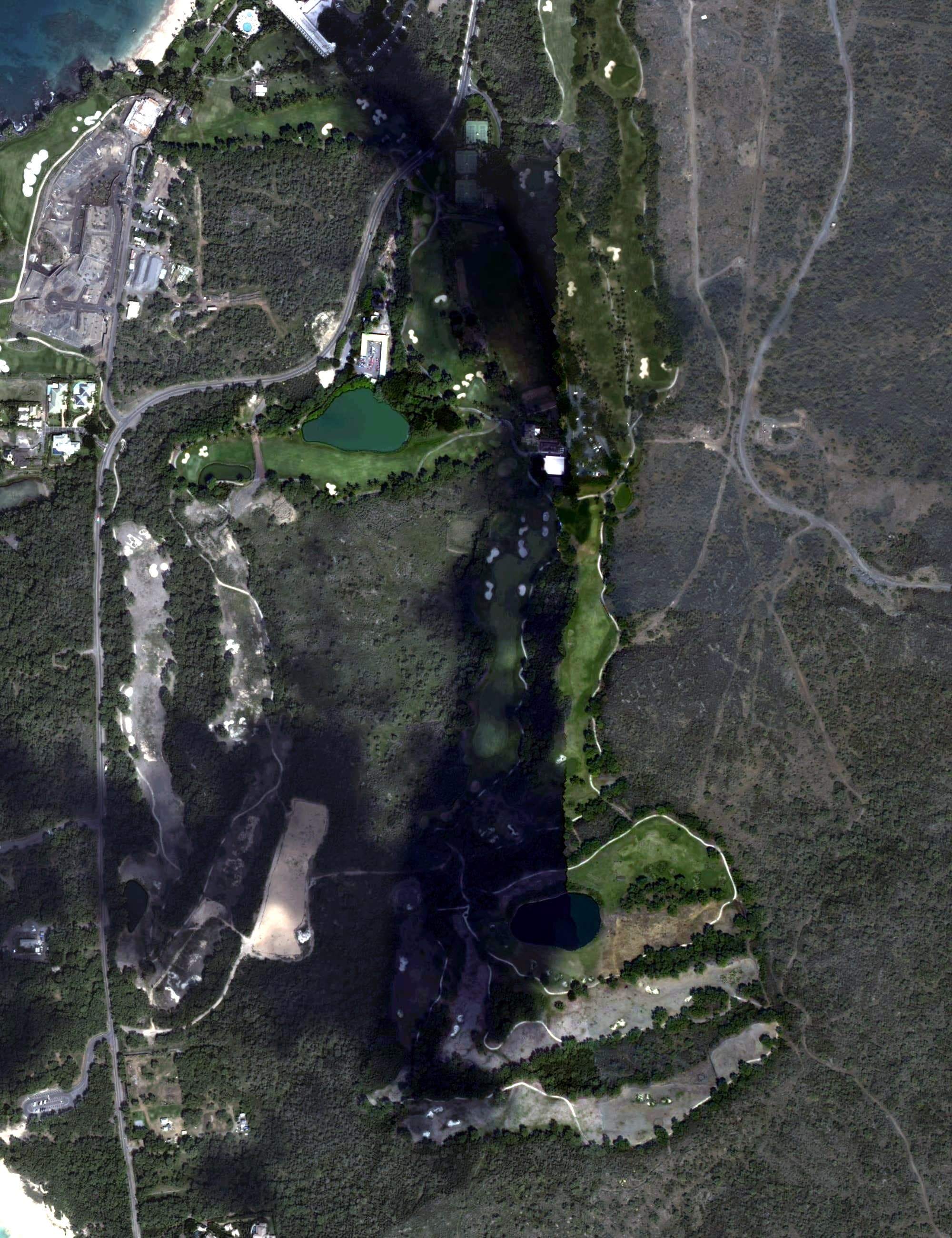 Aerial view of Makena South Course, HI, with its hole routing marked