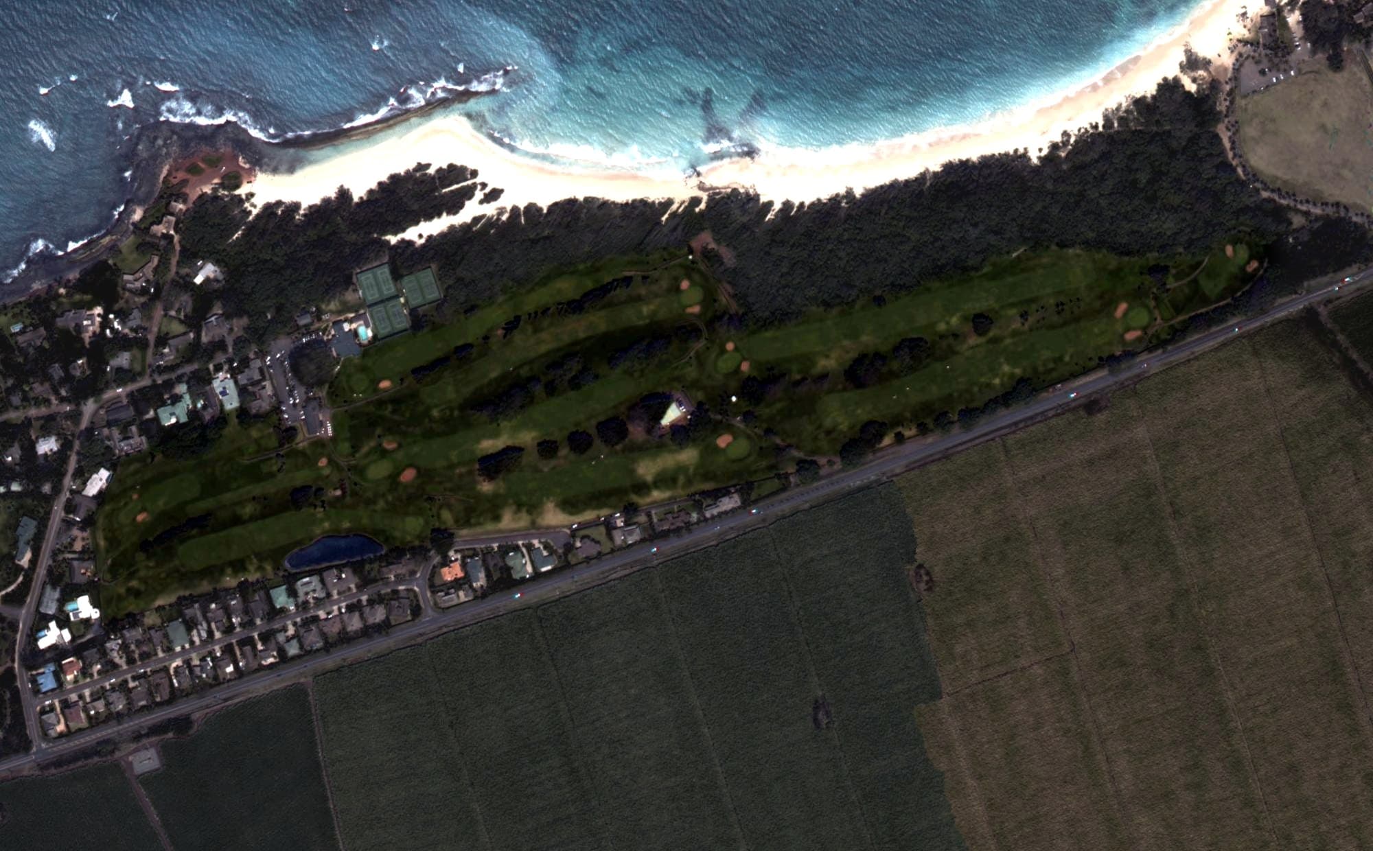 Aerial view of Maui Country Club Golf Course, HI, with its hole routing marked