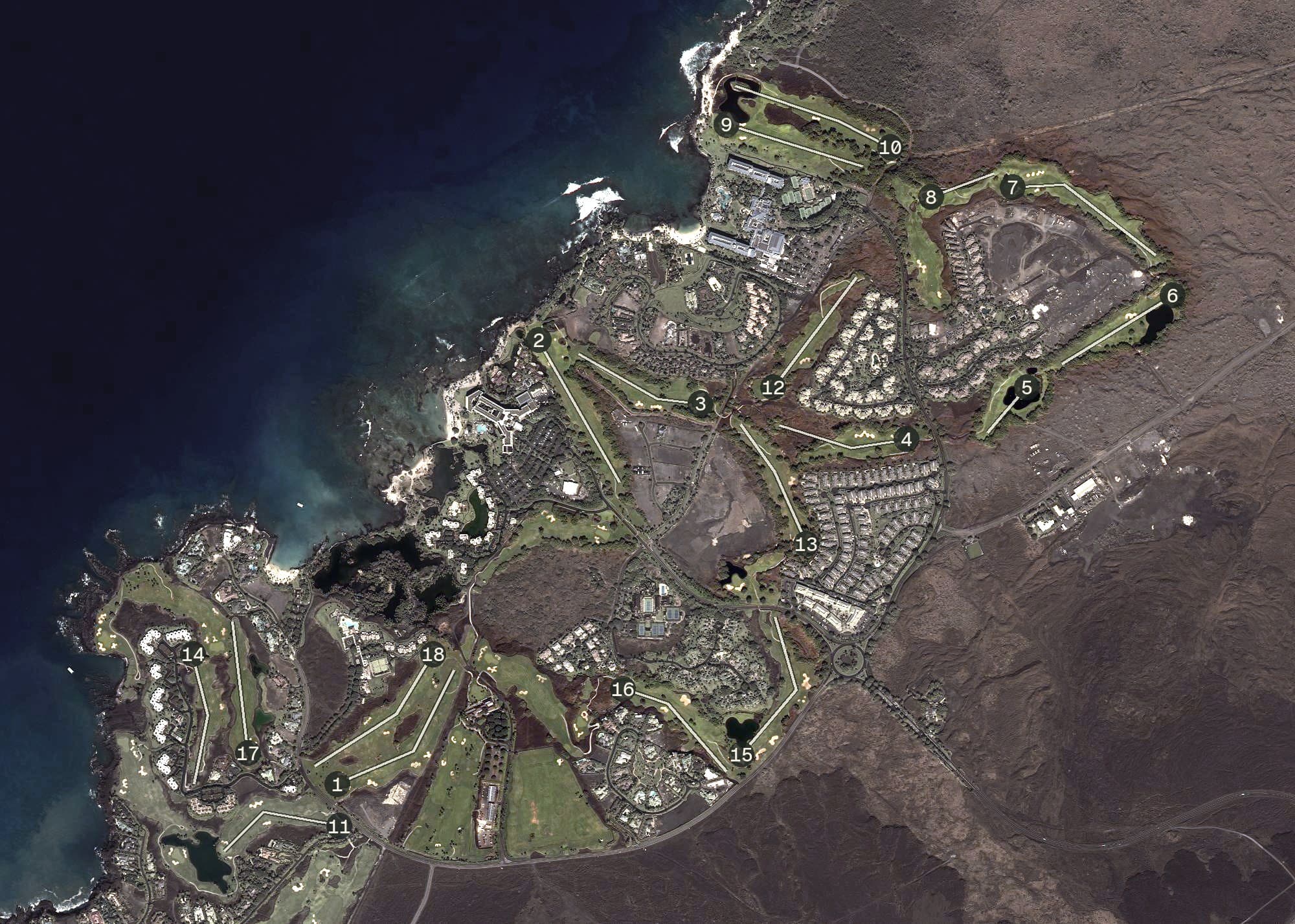Aerial view of Mauna Lani Golf, HI, with its hole routing marked