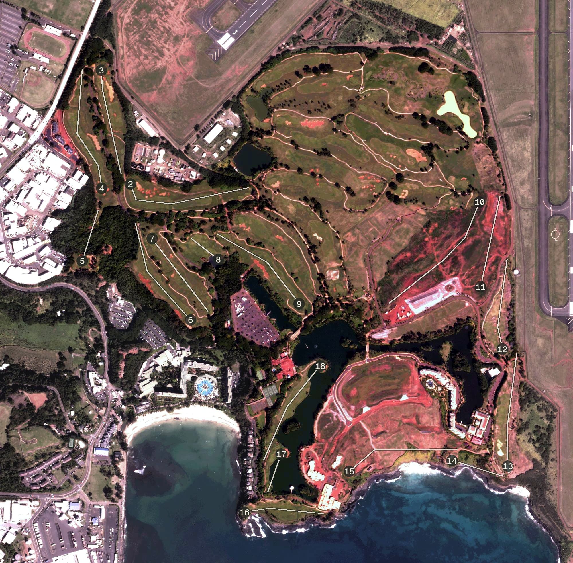 Aerial view of Ocean Course at Hokuala, HI, with its hole routing marked