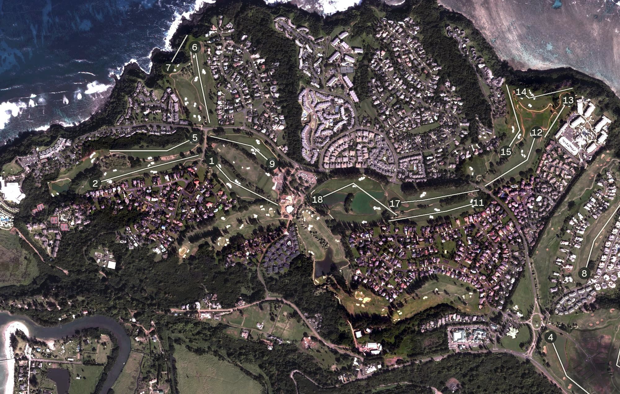 Aerial view of Princeville Makai Golf Club, HI, with its hole routing marked
